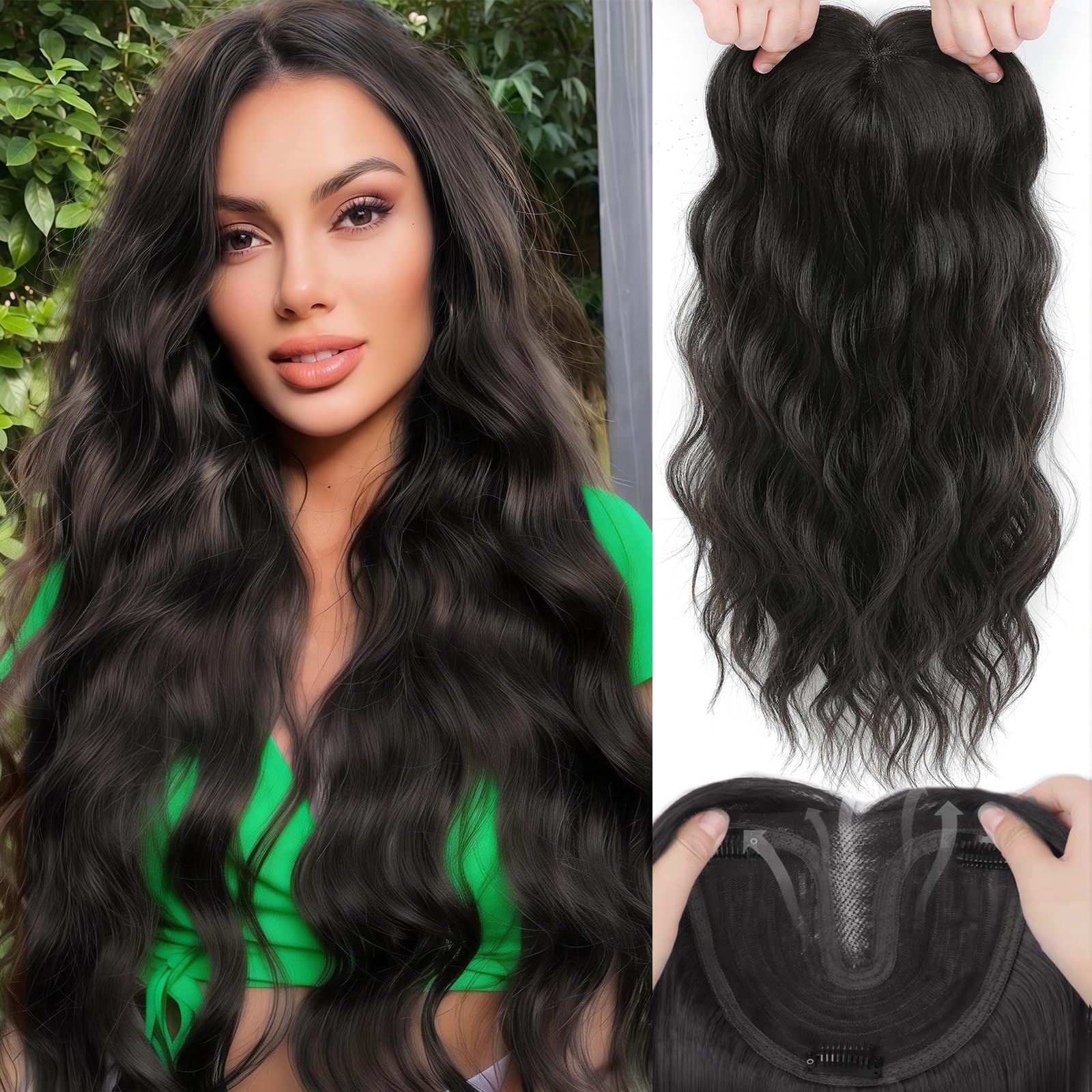 Photo 1 of OOPPOO Hair Toppers for Women, 20 Inch Hand Tied Breathable Toppers Hair pieces for Women with Thinning Crown Curtain Bangs Mix Human Hair Clip in Curly Lightweight Wiglets(Dark Brown)