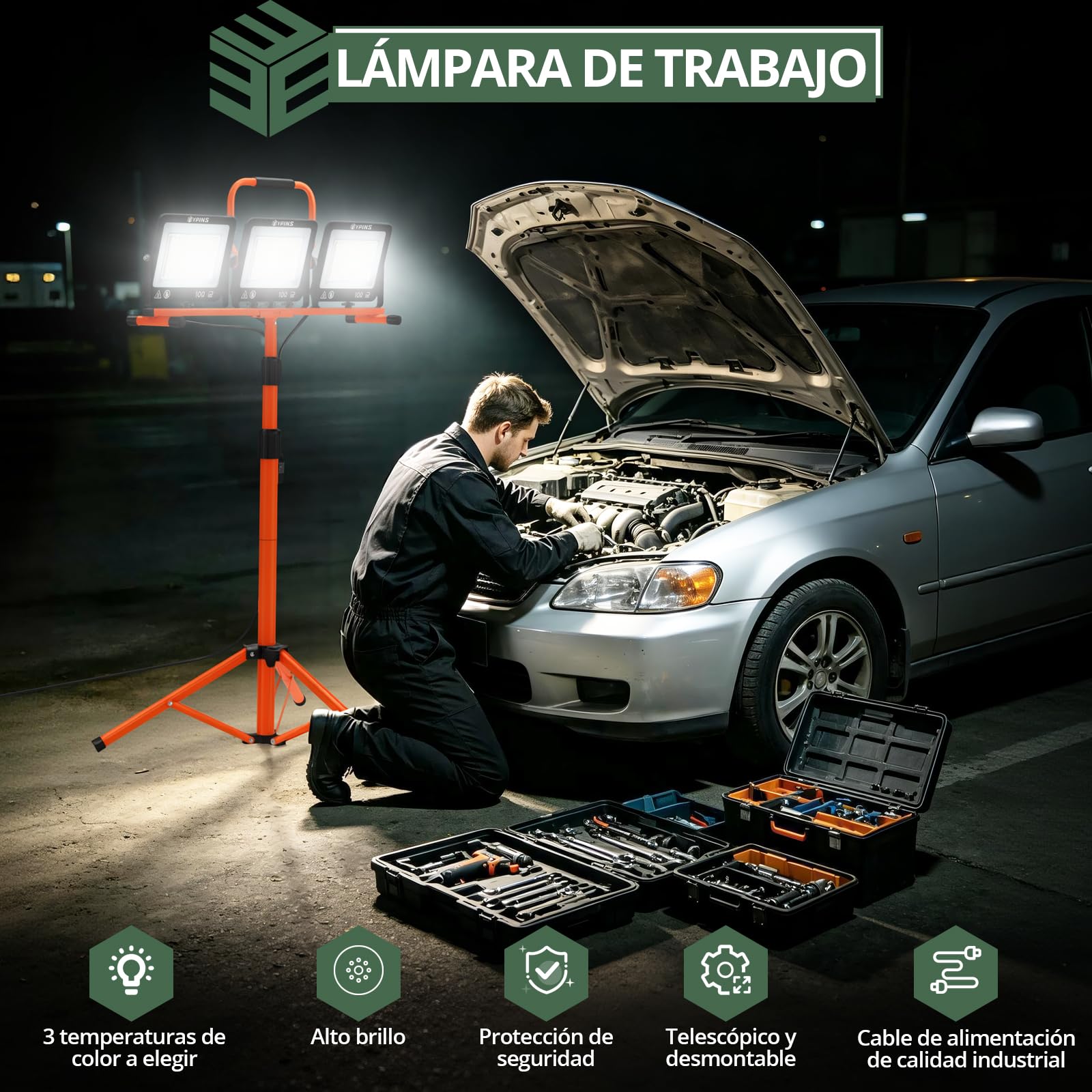 EYPINS 3×100W Foco LED de Trabajo con Trípode Telescópico 1.65m 28500LM | IP66 Impermeable, 3 Temperaturas de Color(3000K/5000K/6500K),5m Cable,Rotación 360°, Construcción Taller Reparaciones Jardin