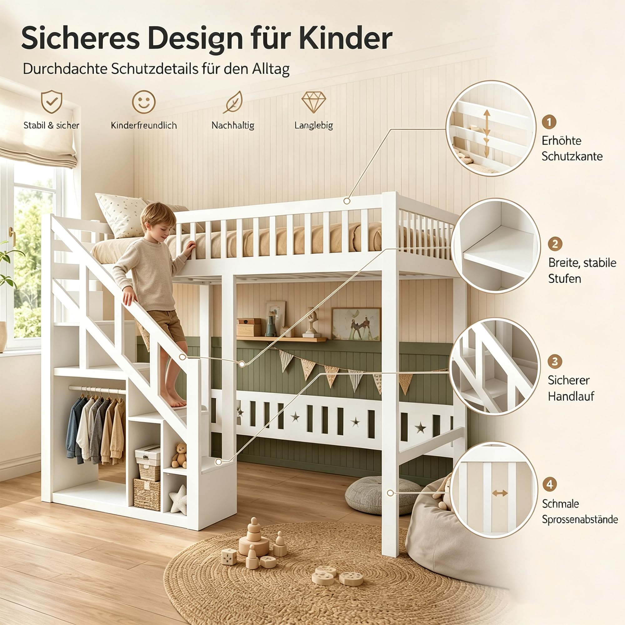 DULRLLY Lit Double Mezzanine 140x200 cm, Lit Superposé Enfant avec Escaliers de Rangement et Barrière de Sécurité, Sommier à Lattes en Bois, Lit Hauteur pour 2 Enfant, Garçon et Fille, Blanc