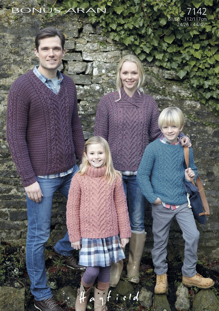 Hayfield Multi Sirdar Knitting Pattern - Bonus Aran, Sweaters 7142