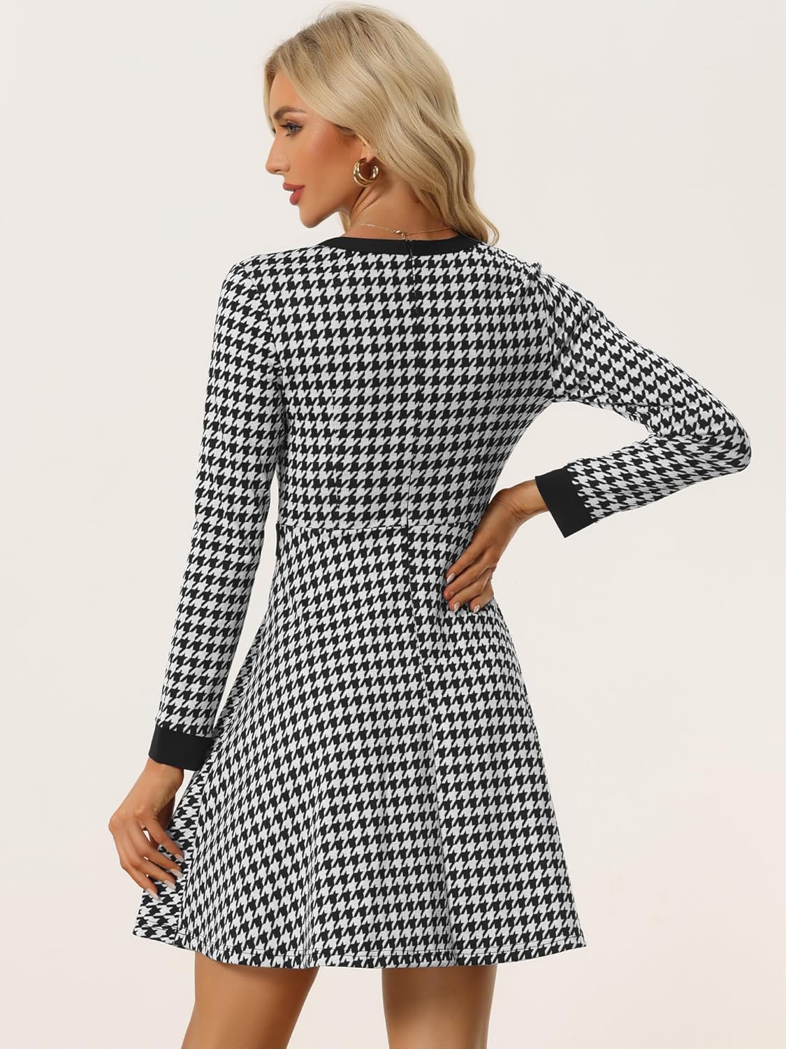 Allegra K Women's Houndstooth Plaid Contrast Color Elegant Business Work A-Line Dress - Image 5