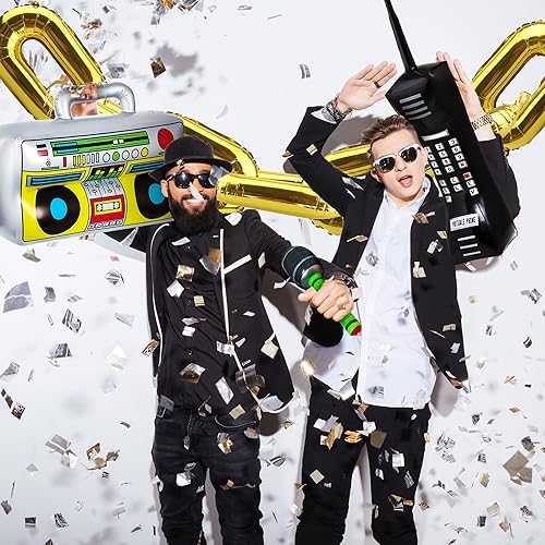 Miniatura 8 de Paquete de 26 micrófonos inflables de radio Boombox para teléfono móvil y globos de cadena de lámina dorada para adultos de los años 80 y 90,