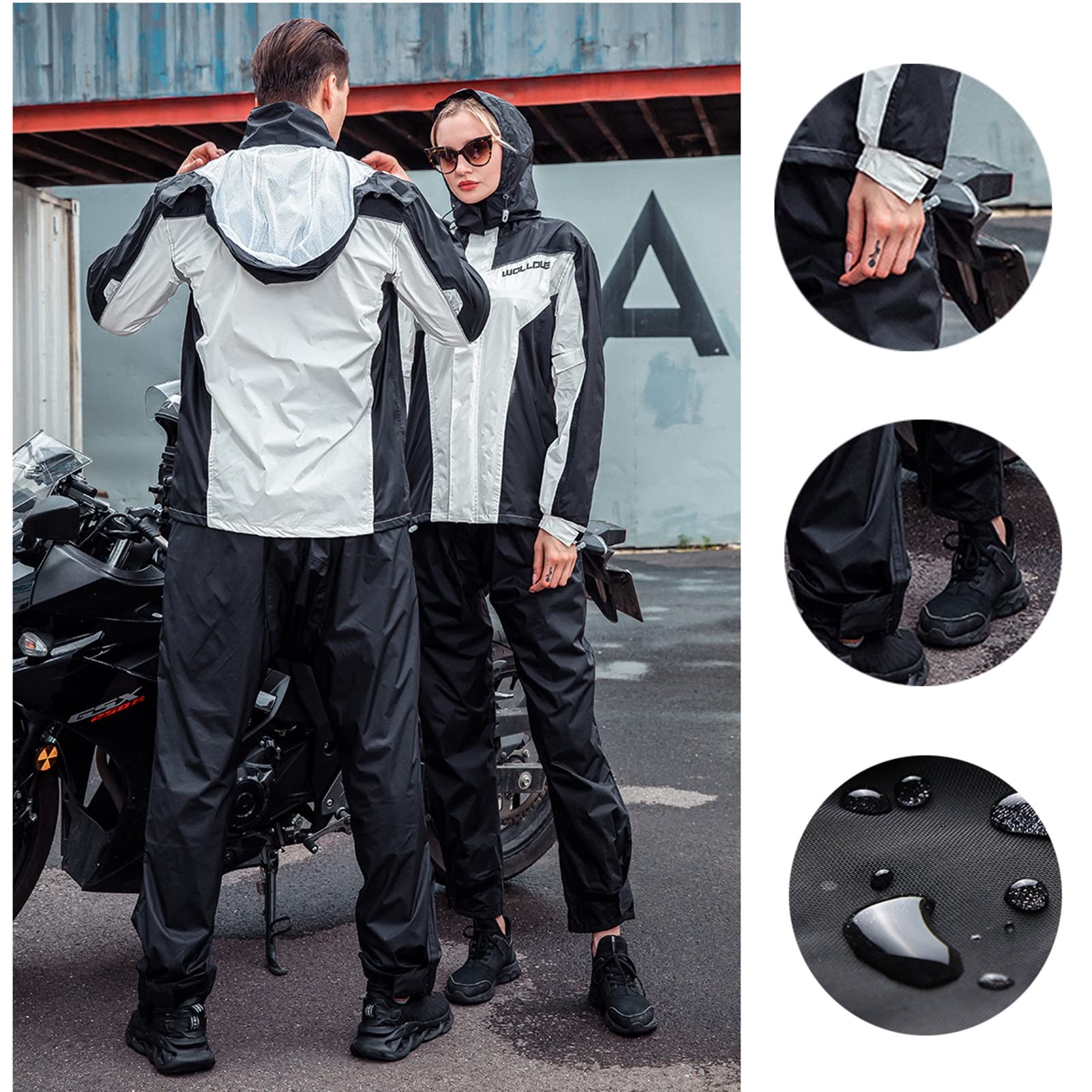 Hombres Abrigo de Lluvia Impermeable (Chaqueta y Pantalones de Lluvia) Traje de Lluvia Unisex Transpirable Equipo de Lluvia a Prueba de Viento para Deportes, Senderismo, Ciclismo - Blanco