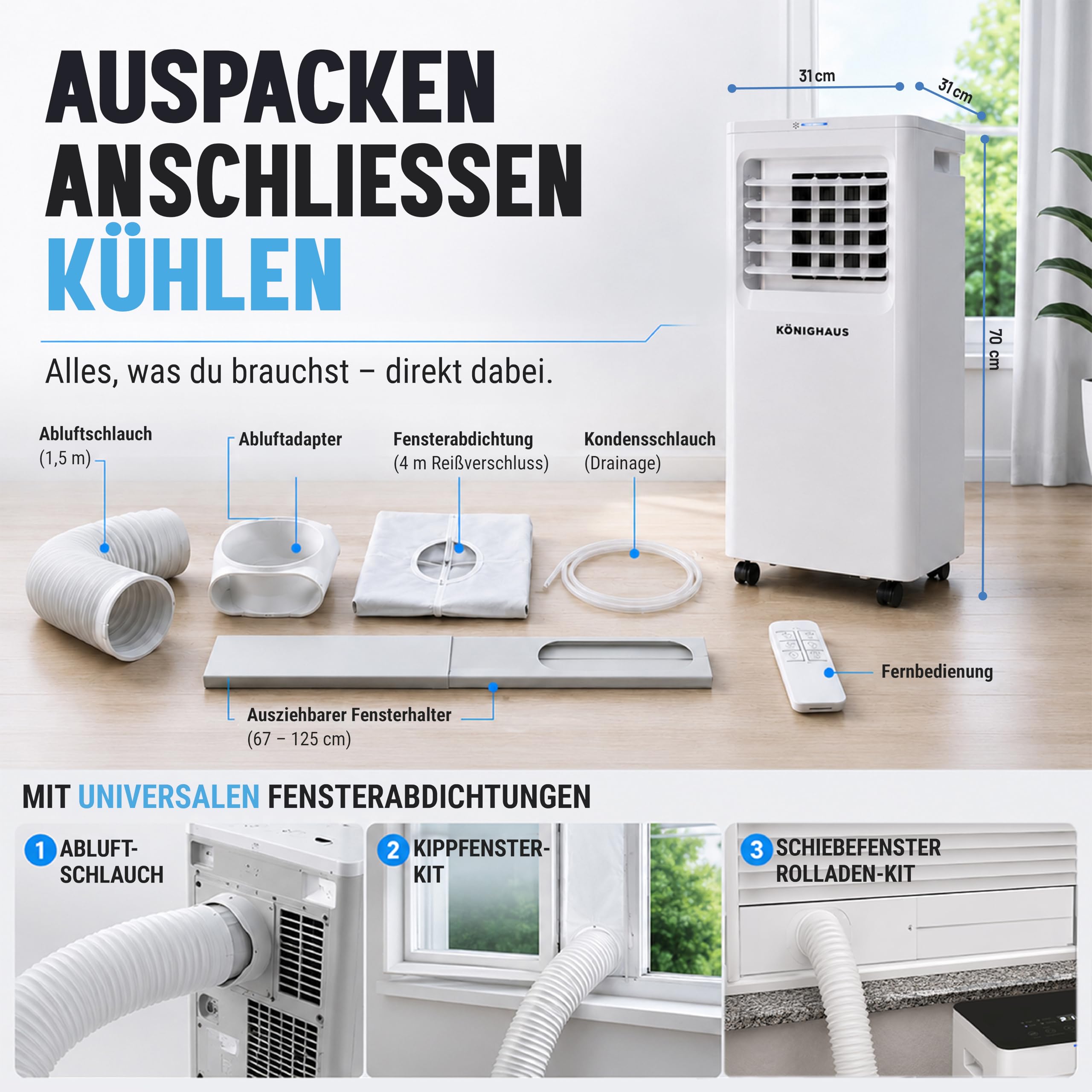Könighaus Smarte EU Mobile Klimaanlage 7000 BTU – für deutsche Kippfenster geeignet - Kühlung, Entfeuchtung, Ventilator und Luftreinigung – energieeffizient (A) – inkl. Fernbedienung und App