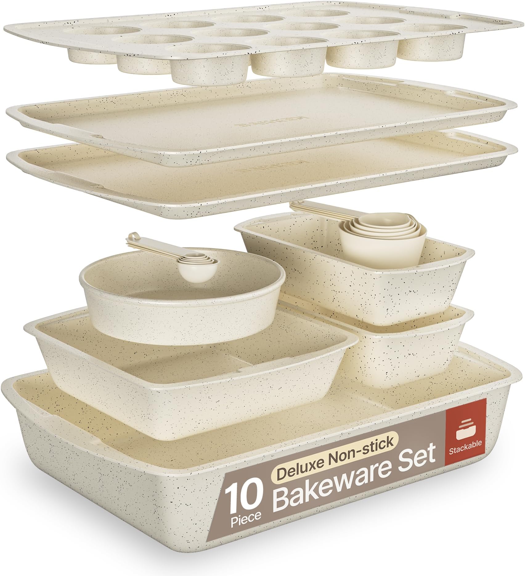 White Marble 10-Piece Bakeware Sets, Nonstick Carbon Steel Baking Sheet & Pans, Stackable Space-Saving Bakeware, Dishwasher Safe, Stain-resistant, PFOAPFOSPTFE Free, Oven Safe Up To 450°F (230°C)