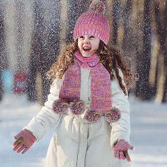 Kids Winter Beanie Hat Glove Scarf Set Toddlers Girls Winter Knit Hat with Pom Long Scarf Gloves for Kids Ages 5-12