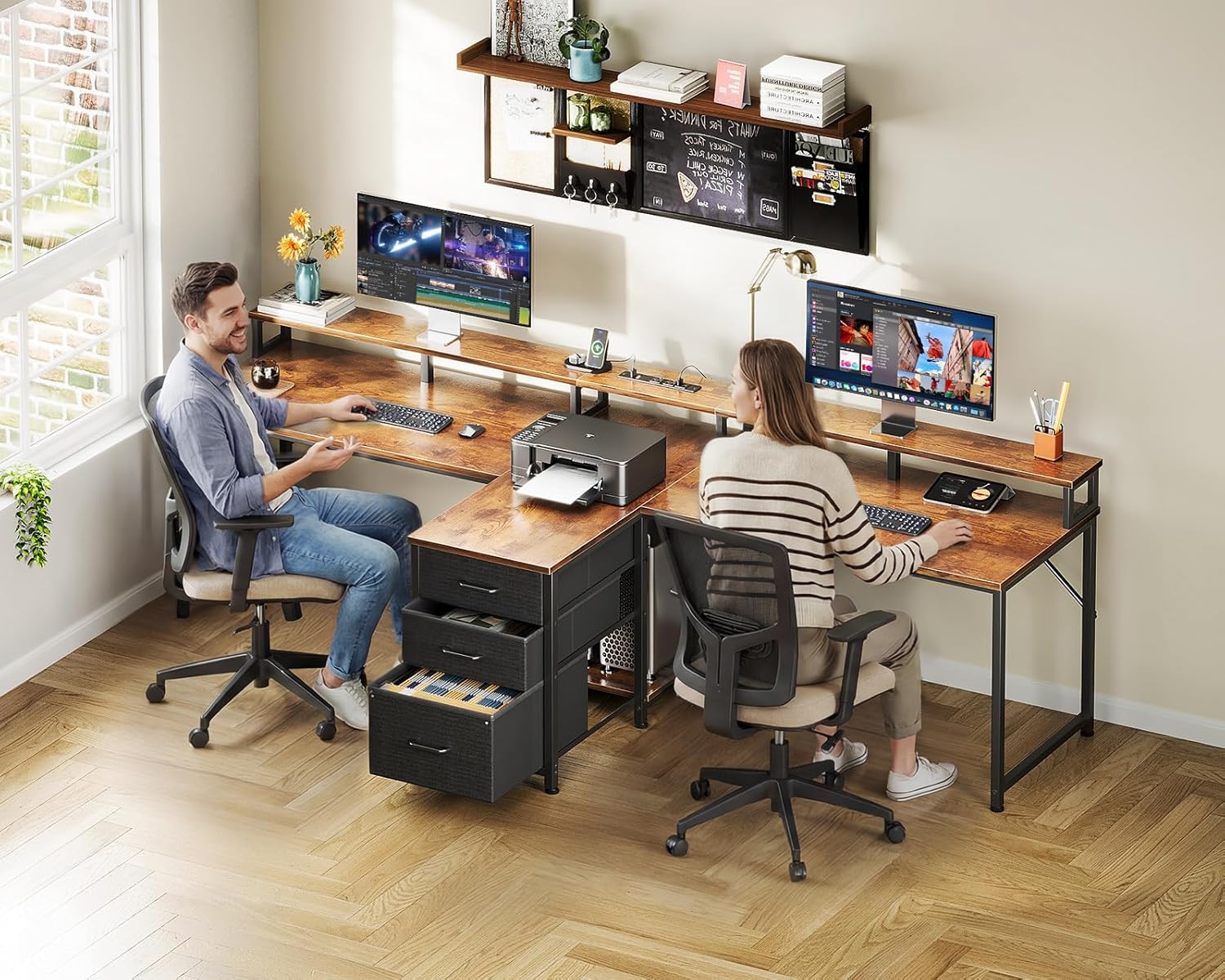 Coleshome 94" Two Person Computer Desk with Power Outlet & USB Ports, Extra Long Home Office Desk with Fabric Drawers, File Cabinet & Monitor Stand, Vintage Brown