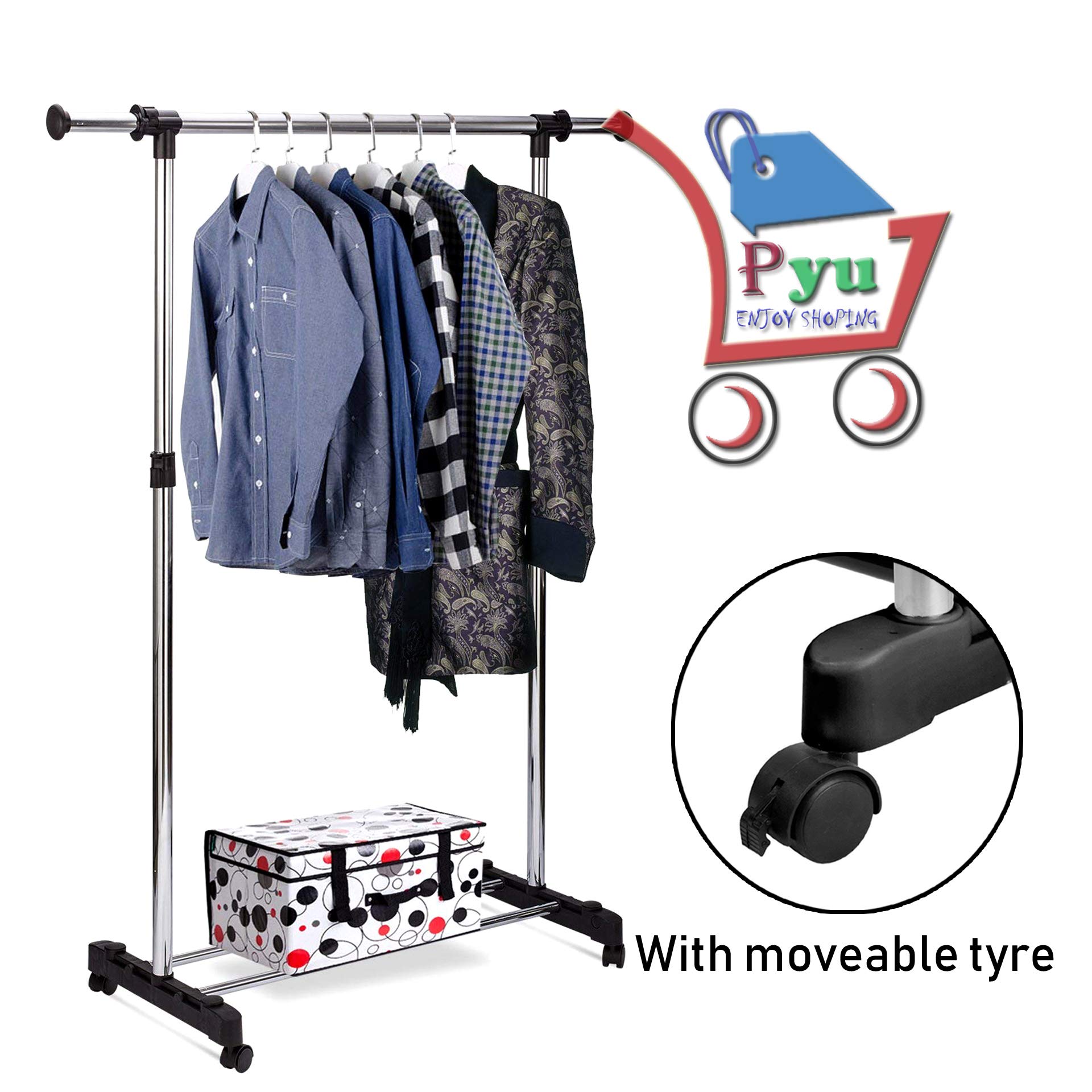 PYU ENJOY SHOPPING Stainless Steel Single Layer Make in India Movable Foldable Legs Cloth Drying Stand Single-Pole Telescopic Clothes Rack/Cloth Display Organizer/Stand with Wheels