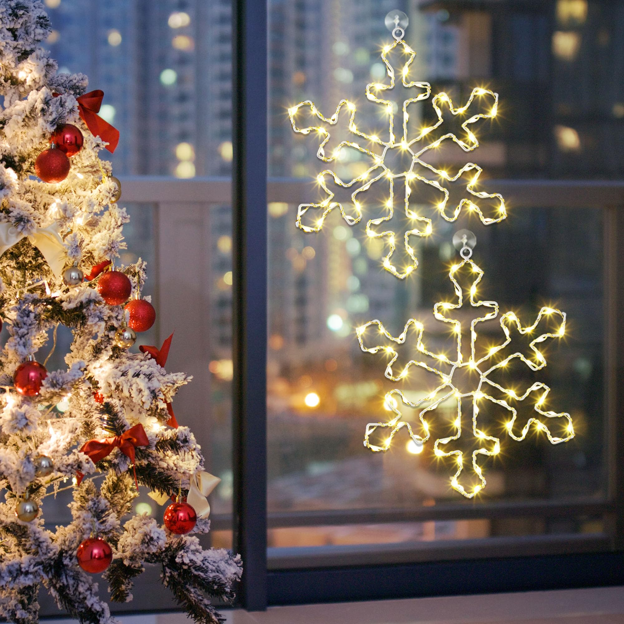 Hiboom Lot de 3 silhouettes lumineuses de Noël à 70 DEL en forme de flocon de neige de 30,5 cm, alimentées par piles, 8 modes d'éclairage pour décoration de Noël (blanc chaud)