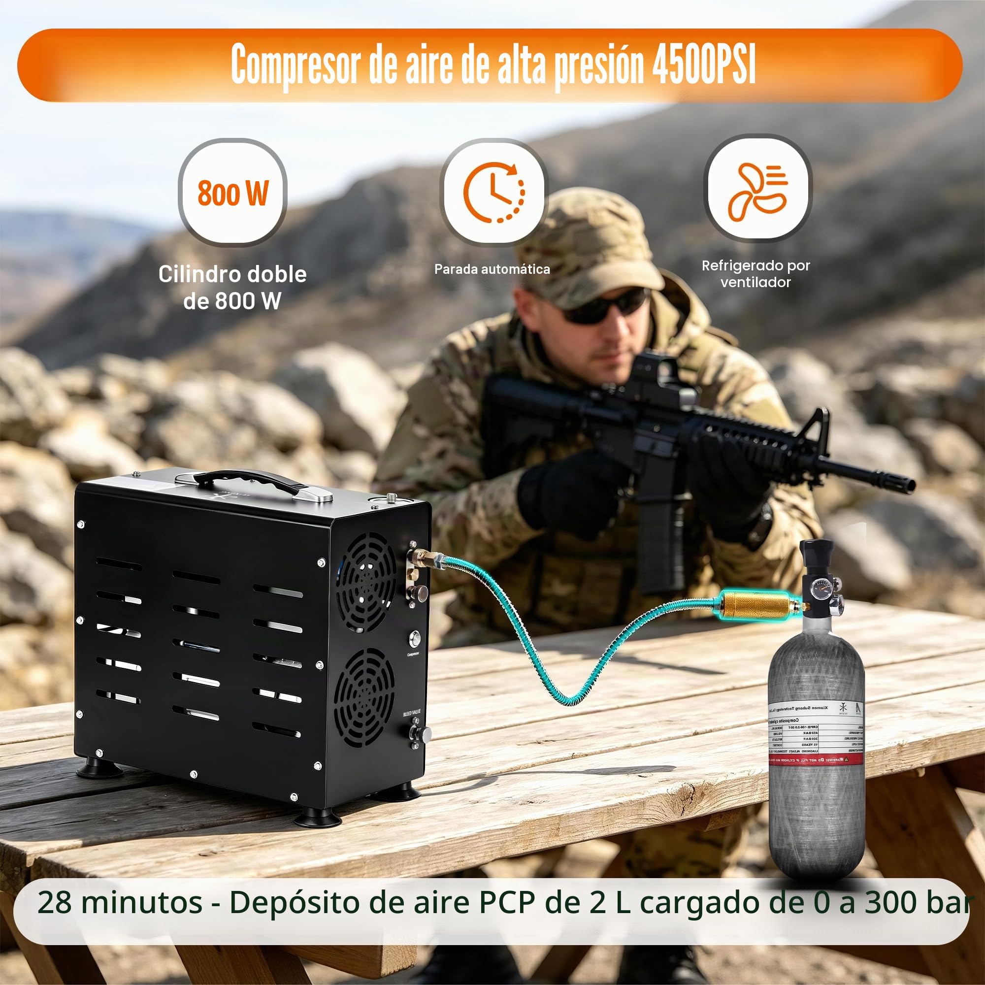 TUXING Compresor de Aire PCP, 4500 PSI/30 MPa Compresor Portátil de Rifle de Aire PCP de Doble Cilindro de 800 W, Parada Automática | Bomba Compresora con Sistema de Refrigeración por Ventilador
