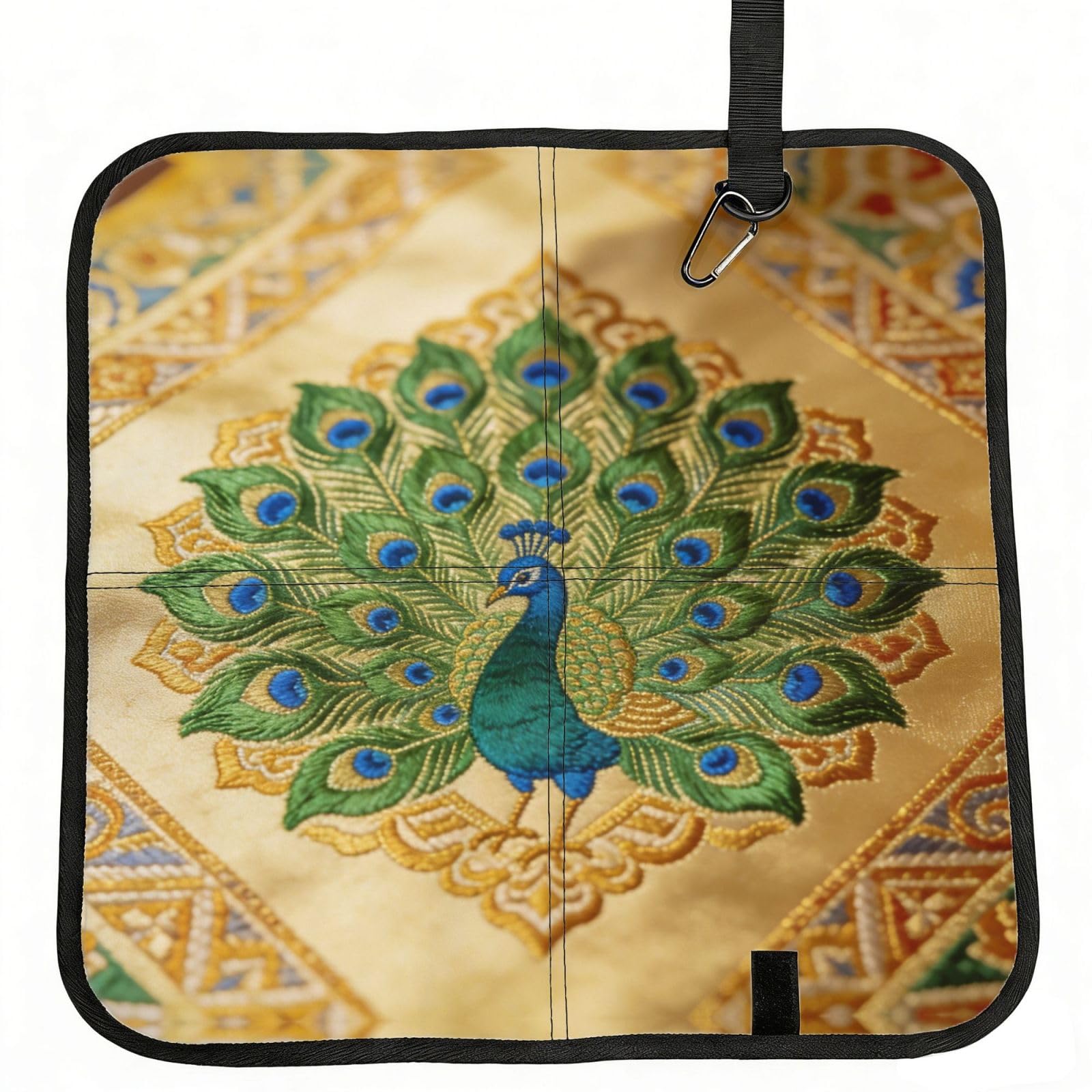 DUYIOKH Peacock Embroidery on Gold Fabric Print Foldable Portable Seat Cushion for World Cup Games, Camping and Outdoor Activities