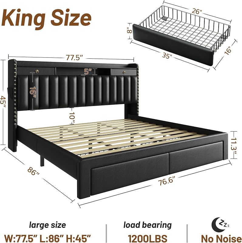 CypBed King Size Bed Frame with Headboard & 4-Storage Drawers, Upholstered image 2