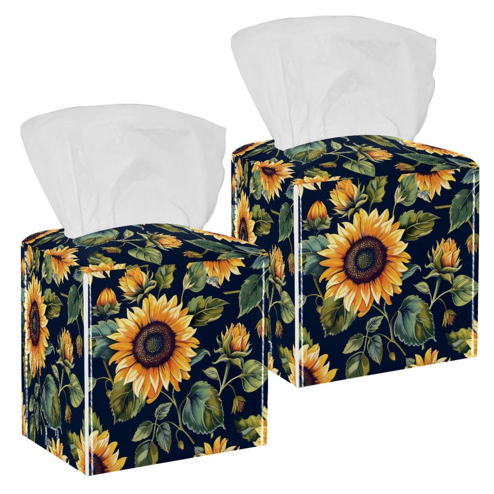 Sunflower Tissue Box Cover, 2 Pack PU Leather Square Facial Tissue Dispenser Box holder for Home Office Car