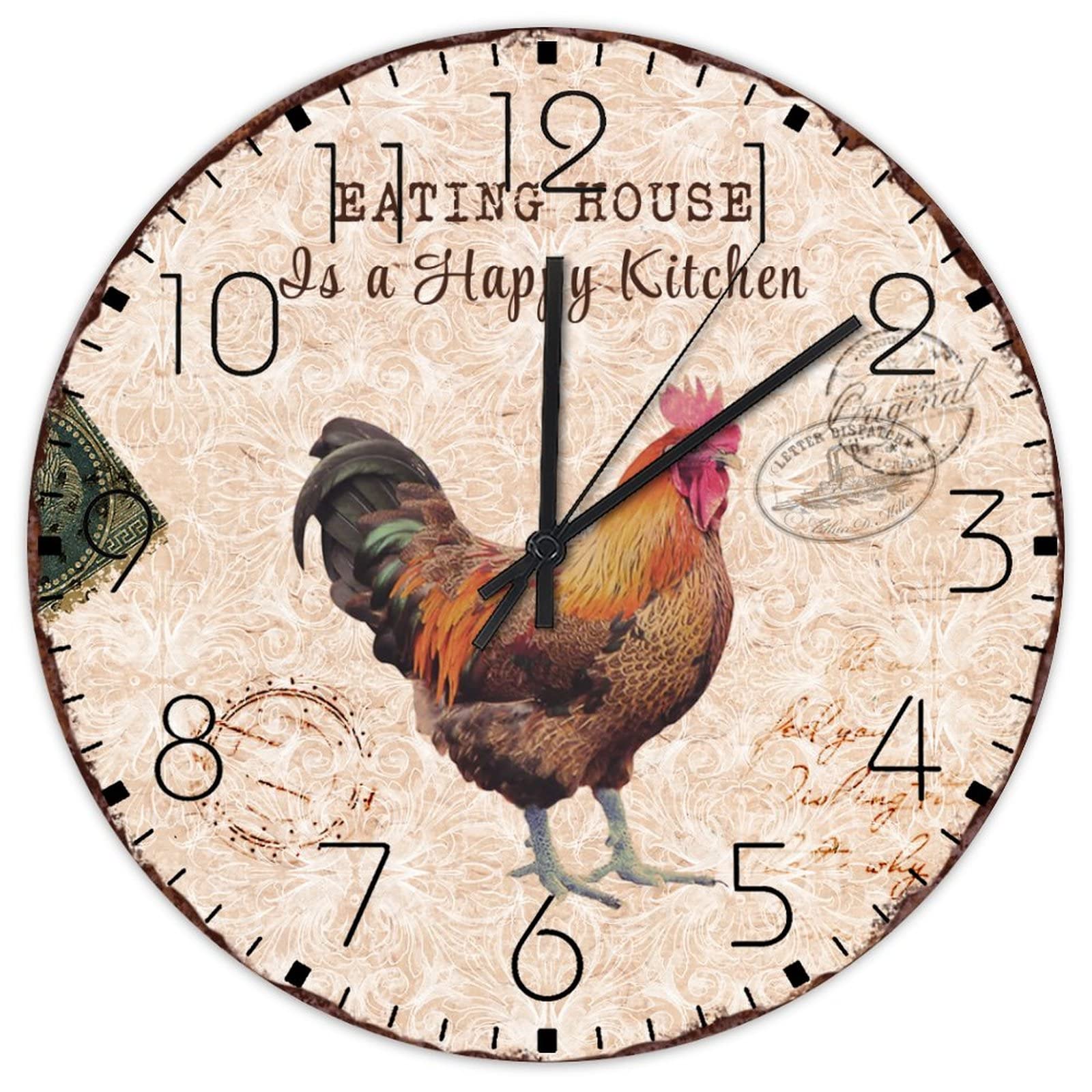 Horloge murale en bois ronde moderne avec peinture animal coq décoration murale de cuisine