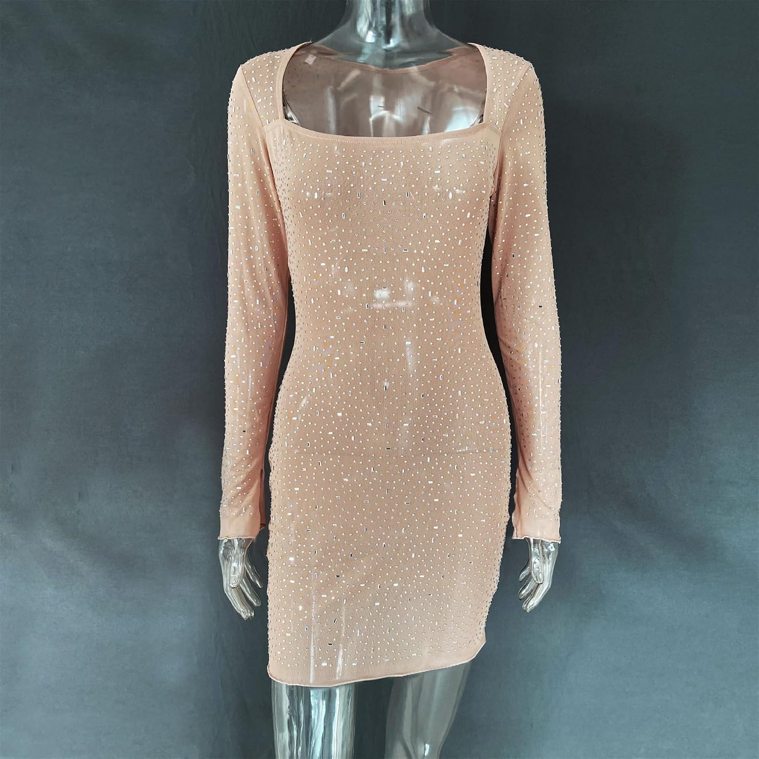 Women's Sequin Mesh Bodycon Dress Fall Winter Long Sleeve Elegant Dress Sexy Square Neck Glitter Slit Mini Dress