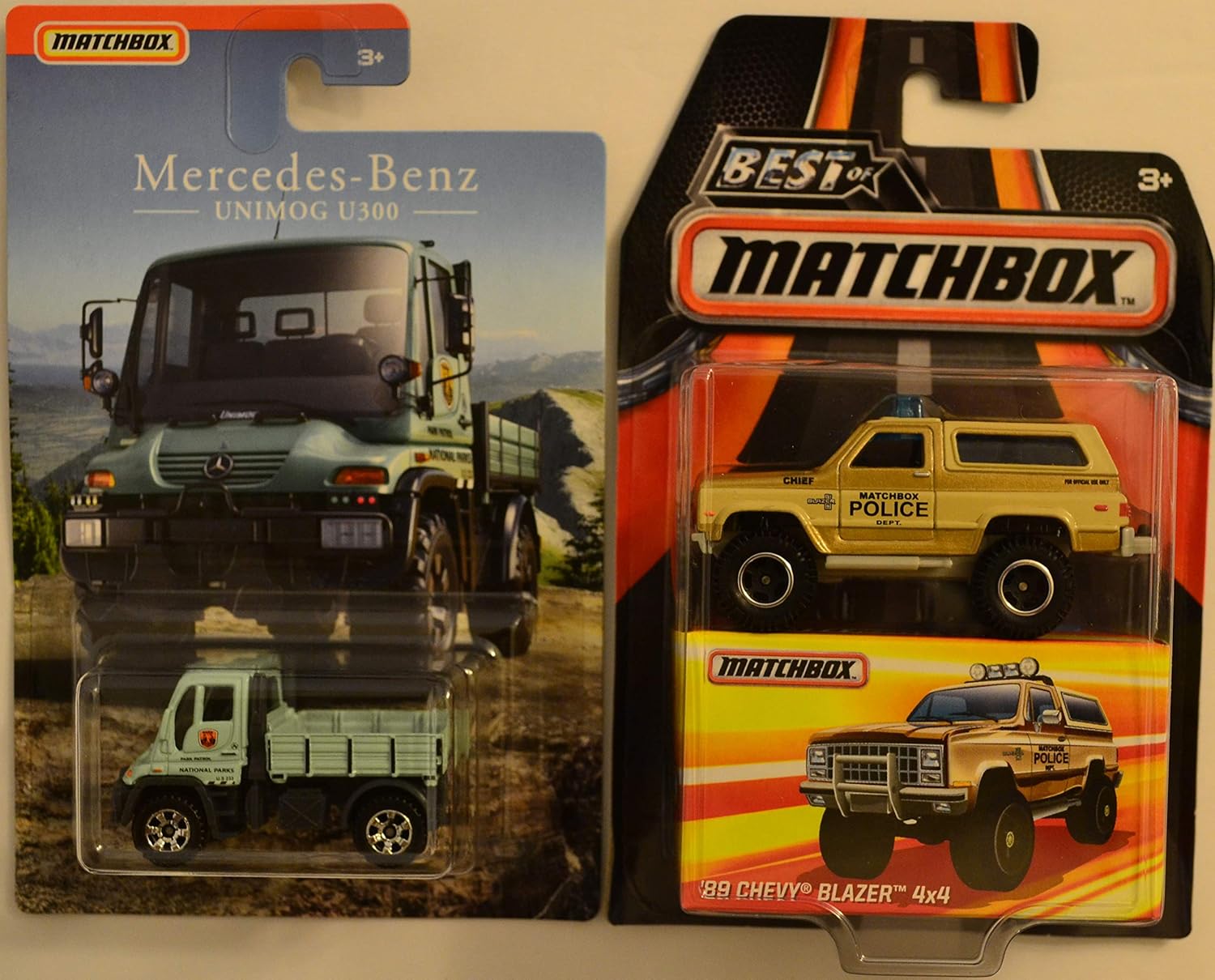 Matchbox 2 Car Bundle Unimog U300 Mercedes-Benz Series & '89 Chevy Blazer 4x4 Best of Matchbox Series 1:64 Scale Collectible Die Cast Model Car
