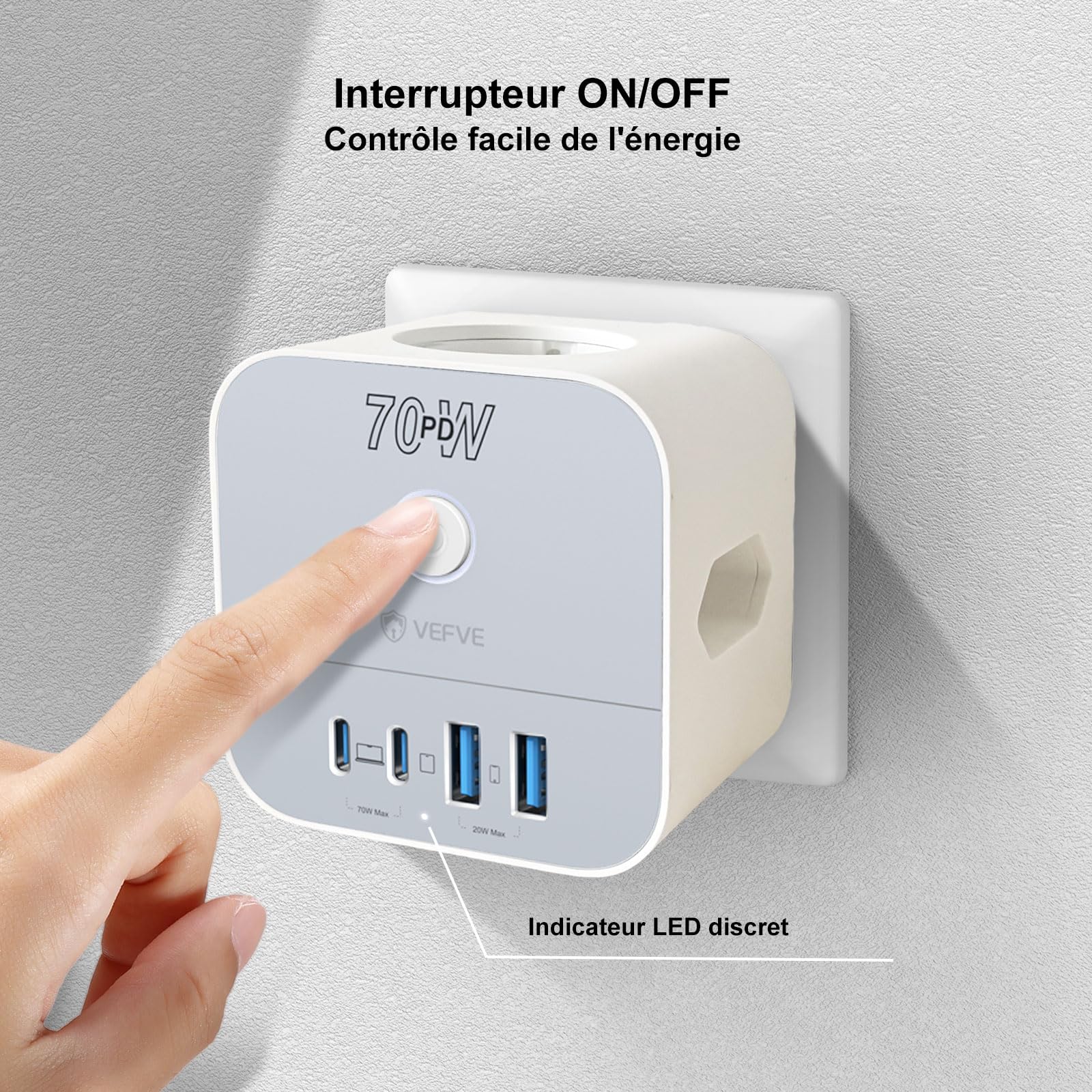 VEFVE Chargeur Rapide USB C 70W GaN III, Multiprise Cube 7 en 1 avec Interrupteur, Bloc Multiprise sans Fil (1 Prise Schuko, 2 Prises Euro, 4 USB) pour PC Portable, Téléphone, MacBook - Blanc