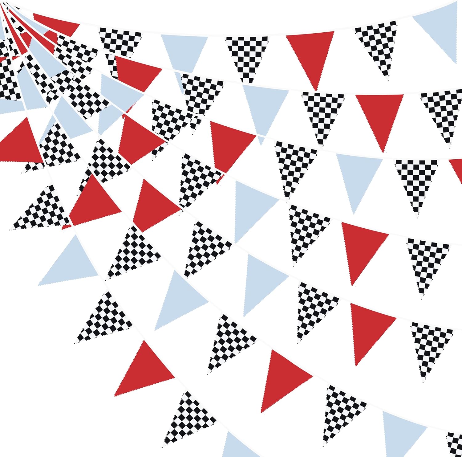 32Ft Racing Party Decorations Red Blue Black White Checkered Racing Car Fabric Banner Triangle Flag Pennant Garland Streamers for Race Car Birthday Racetrack Monster Truck Picnic Decor Supplies