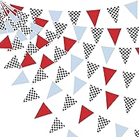 Vista 10 de Decoraciones de Fiesta de Carreras de 32 Pies Azul Polvoriento Negro Blanco a Cuadros Banner de Tela de Auto de Carreras Bandera Triangular Banderín