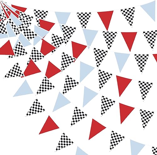 Vista 10 de Decoraciones de Fiesta de Carreras de 32 Pies Azul Polvoriento Negro Blanco a Cuadros Banner de Tela de Auto de Carreras Bandera Triangular Banderín