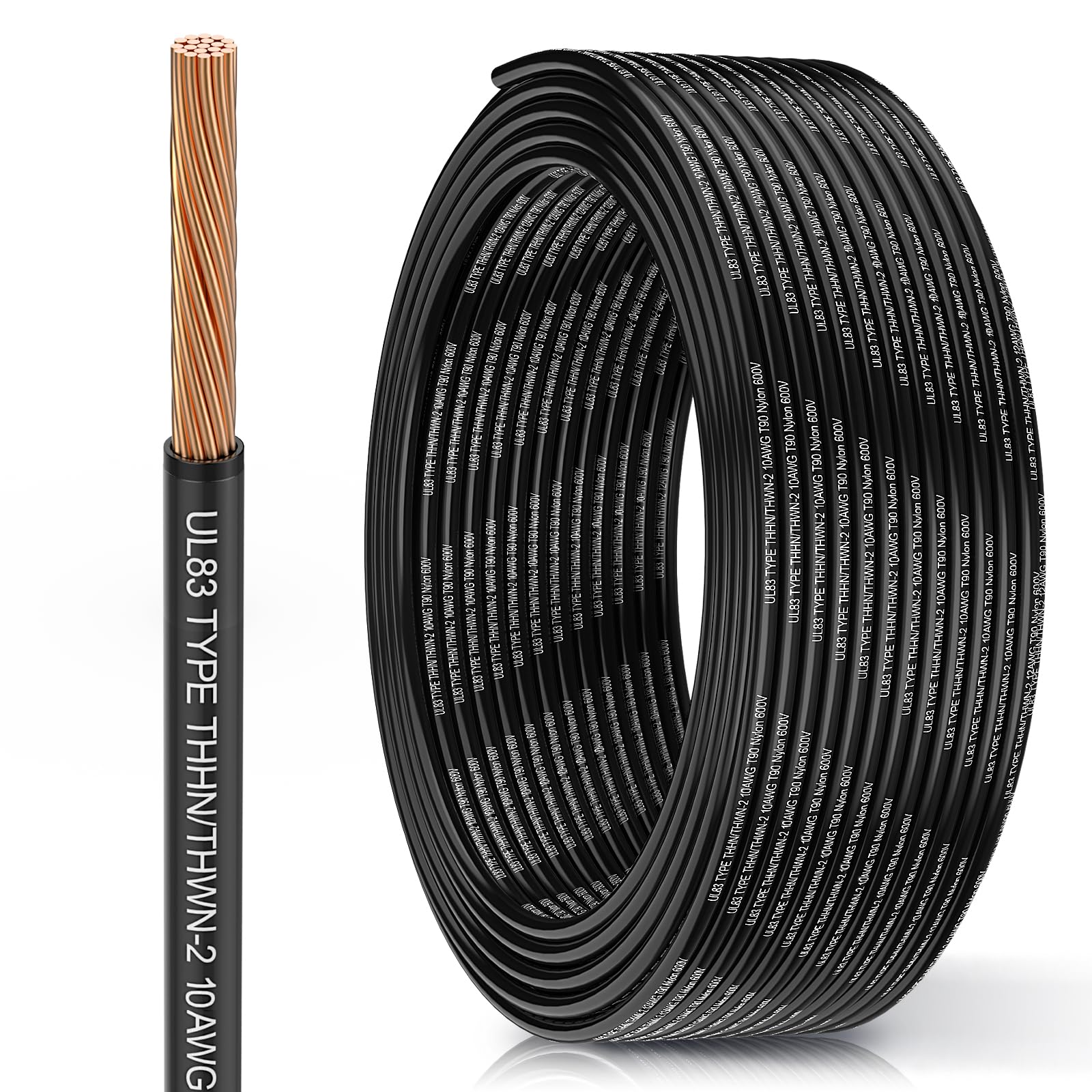 THHN Wire 10 Gauge 25FT, UL83 THHN/THWN-2 10 AWG Cable Stranded Copper with Nylon Jacket and PVC Insulation Building Wires for Residential, CNC, Panel Wiring, Circuit, Control(600V, Black)