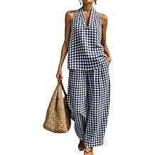 QIBABU Womens Summer Gingham 2 Piece Set Halter Neck Sleeveless Top Pant Sets Casual Cotton Lounge Outfits with Pockets2301-Navy-XL-QB