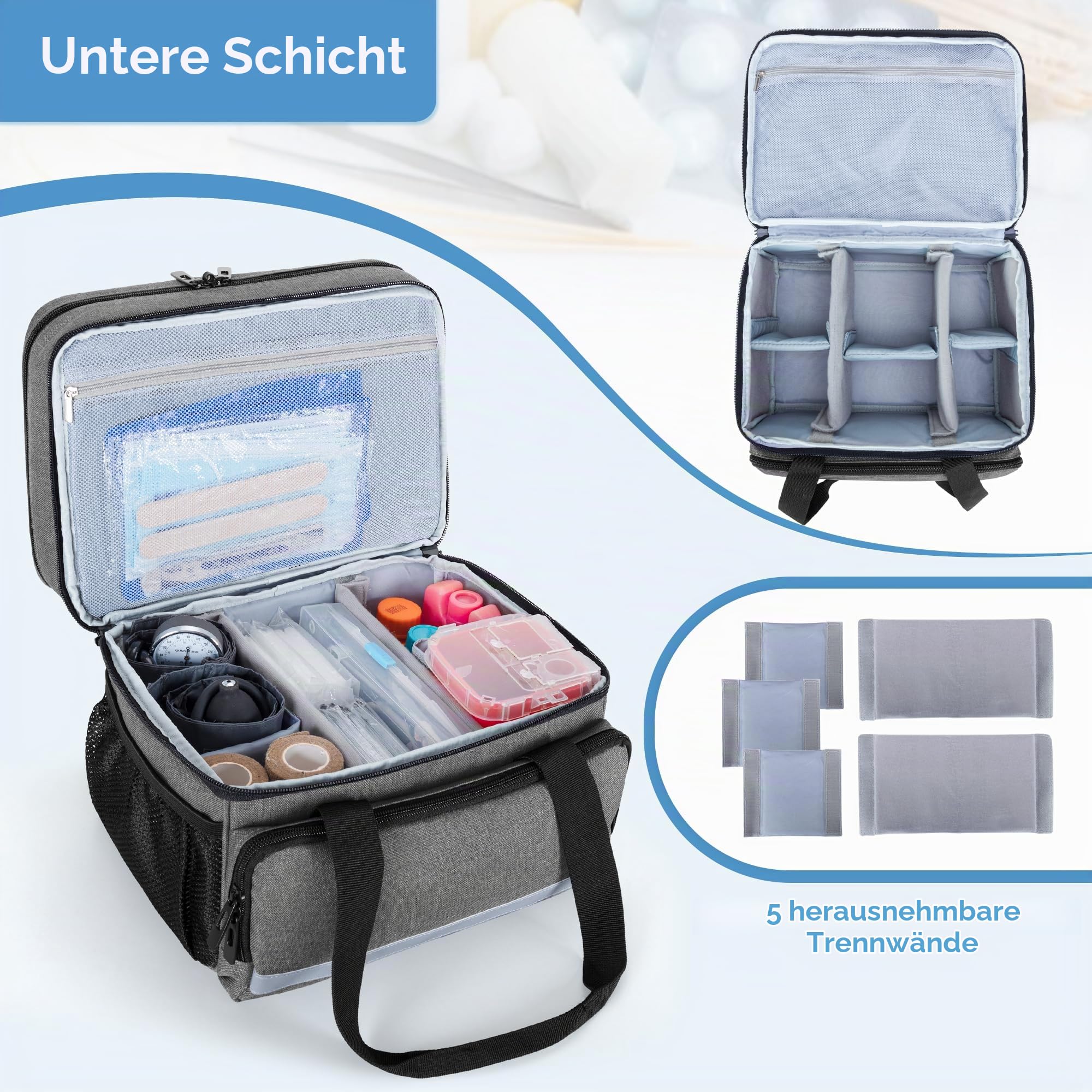 CURMIO Doppelschicht Medizinische Tasche, Reiseapotheke Organizer, Grau