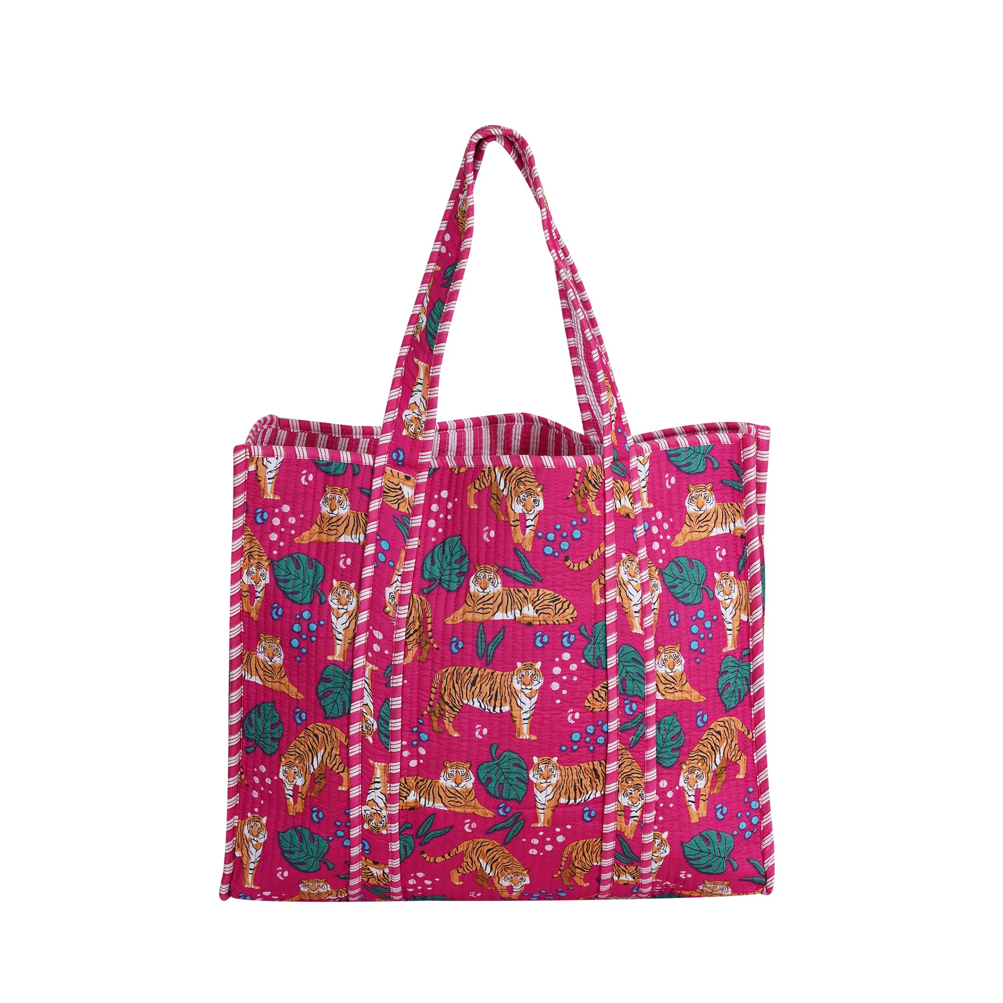 LKGSM RUGS Cotton Tiger Block Print Tote Bag, Indian Handmade Shopping Shoulder Bag, Unisex Market Daily Use, Dn 15, Standard