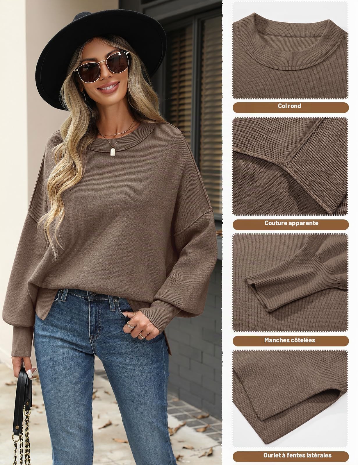 CMTOP Pull Femme Hiver Chic et Elegant Oversize Pull Chaud Décontracté Manches Longues Col Rond Pullover Tricot Sweat Haut Thermique Automne