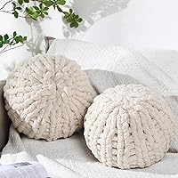 Suzile 2-Pack Beige 13.8" Chunky Knitted Round Throw Pillows - Handmade Chenille Wool Cushions for Sofa, Bed, Home Decor & Housewarming Gifts