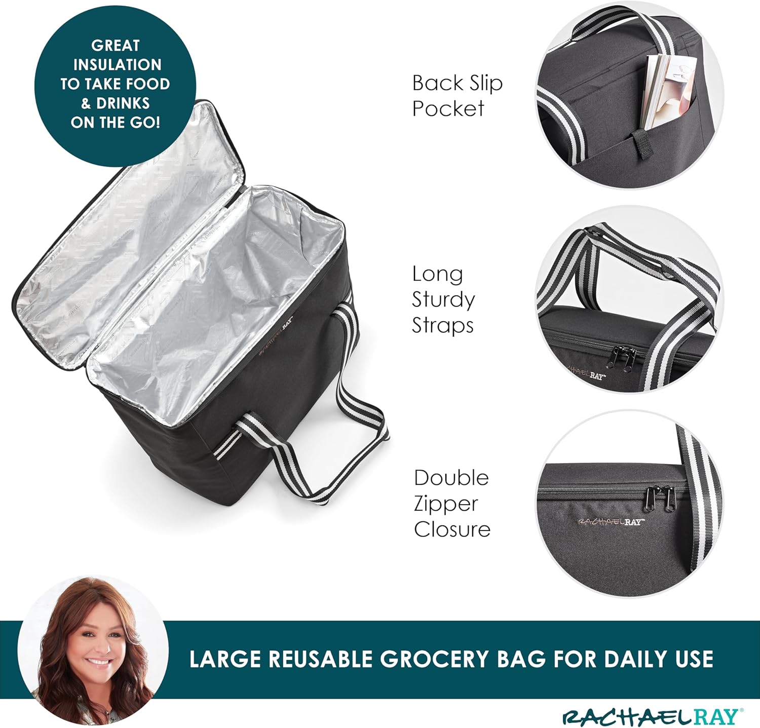 Rachael Ray Field Tote - Soft Sided Zippered Cooler Bag, Insulated & Leak Proof Grocery Bag, Portable Travel Cooler, Hot or Cold Carrier, Black