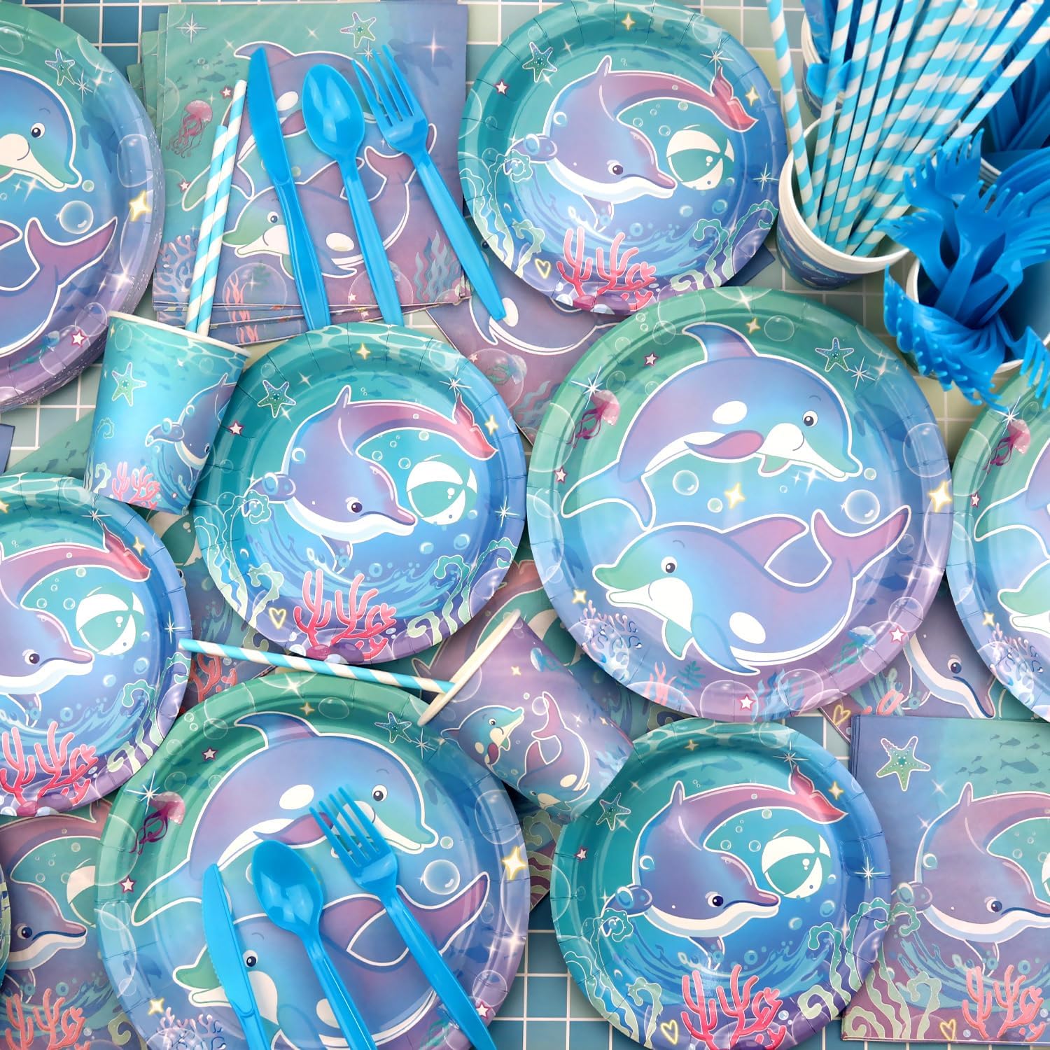 Dolphin Party Supplies, Includes Banners, Plates, Cupcake Toppers, Napkins, Cups, Tablecloths, for Ocean DolphinTheme Birthday Baby Shower Party Decorations Serves 20