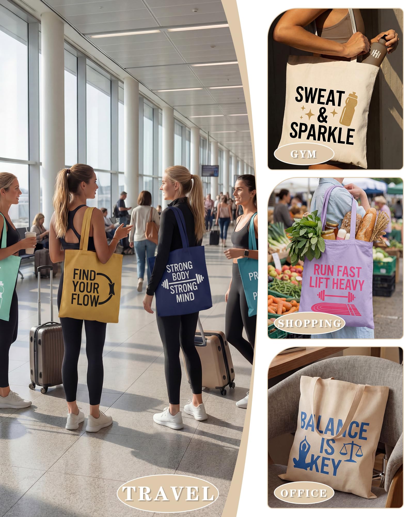 Sanwuta 8 Pcs Fitness Canvas Tote Bags for Women Workout Funny Reusable Shopping Bag with Zipper Inner Pocket Sports Lover Gym Gifts for Pilates Yoga Body Builder Bodybuilding Lovers Everyday Carry