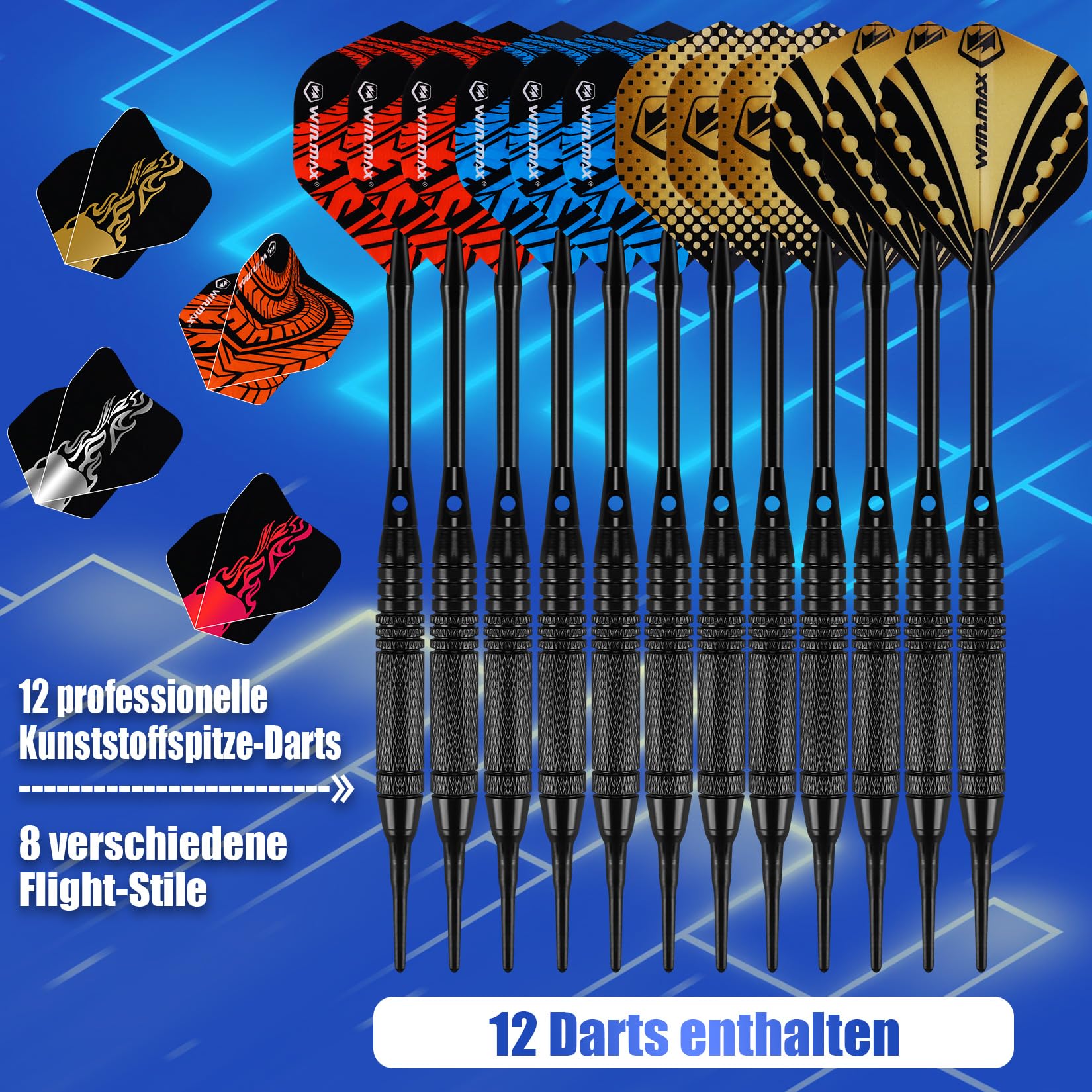 WIN.MAX Cible de fléchettes électronique professionnelle avec marqueur laser | Marqueur Toe Line avec voix allemande - Convient pour batteries/adaptateurs pour 1 à 8 joueurs avec 12 fléchettes