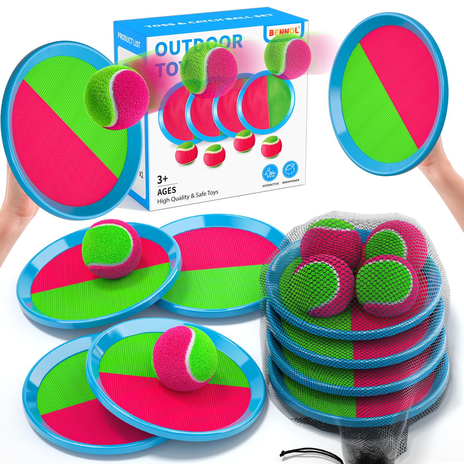 BennolToss and Catch Ball Game for Kids, 4 Paddles, 4 Balls & Storage Bag, Outdoor Toys for Ages 3-10, Yard Backyard Beach Games