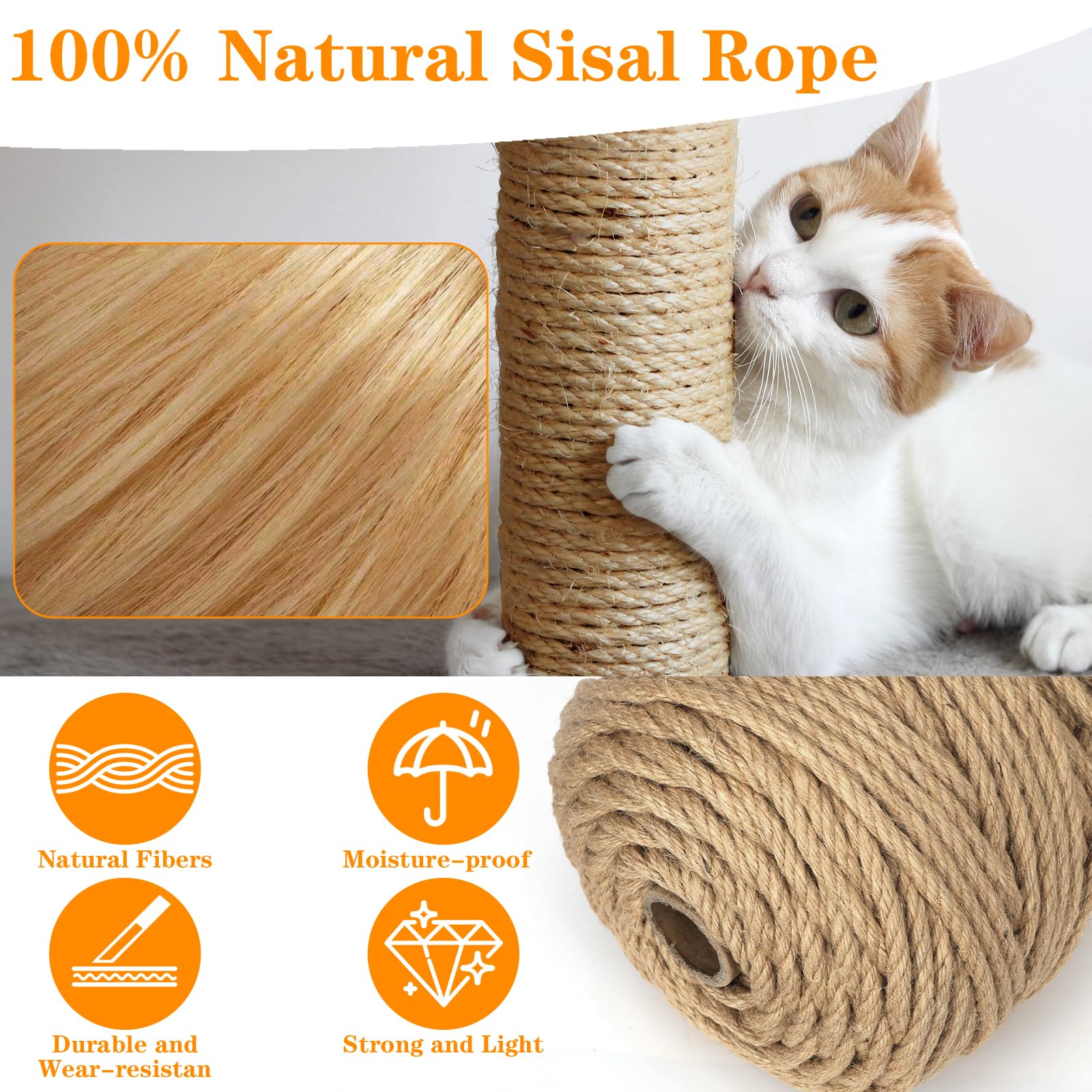Corda Sisal per Tiragraffi per Gatti 8mm x 100m, Corda Juta Naturale per DIY Tiragraffi per Albero di Gatto, Filo per Graffiatoio, Ideale per Casa, Giardino, Decorazioni