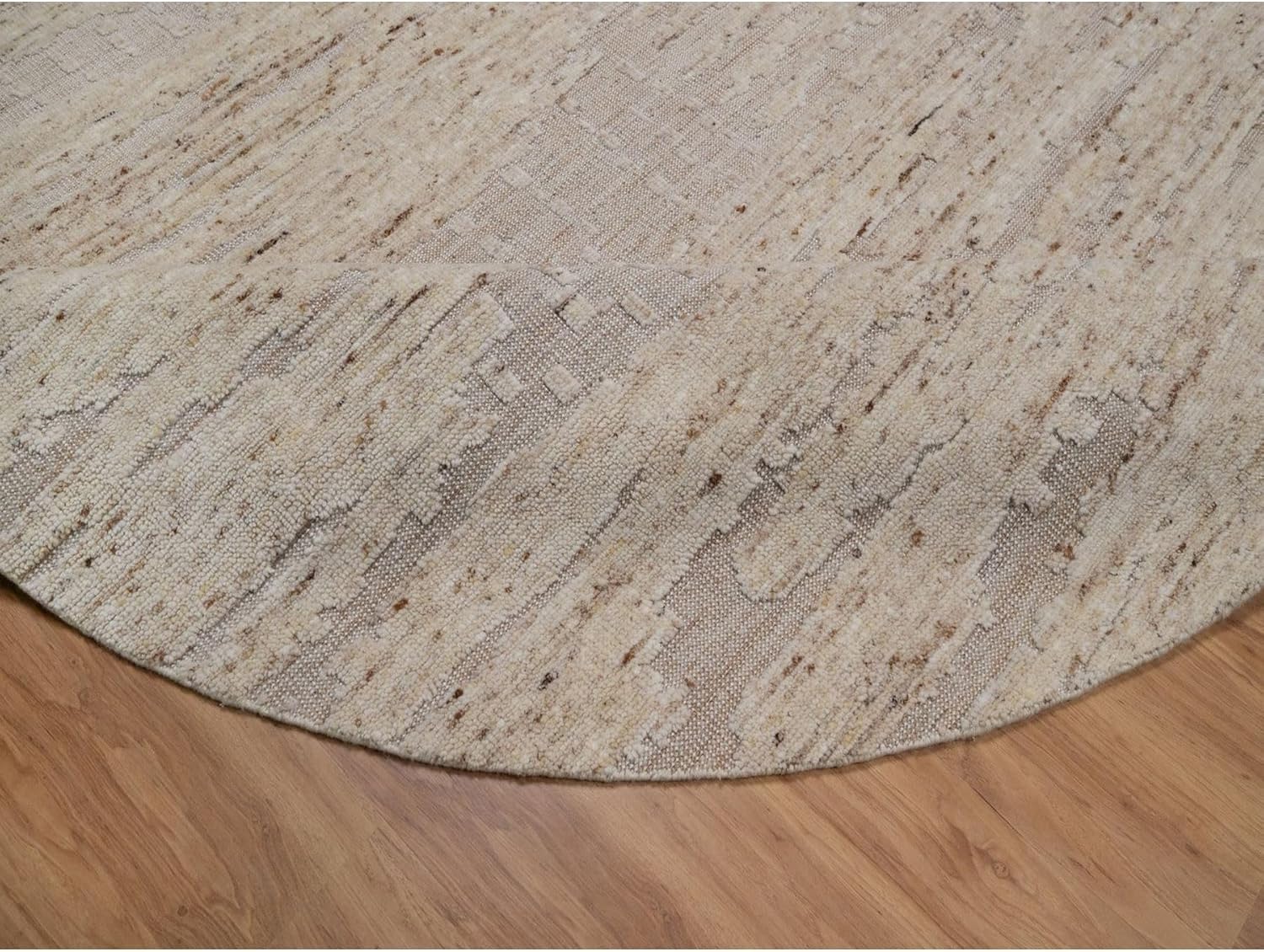 Hand Knotted Round Area Rug, Pure Wool, Lace White, 8x8 Ft, Hi-Low Texture, Modern Oriental Style