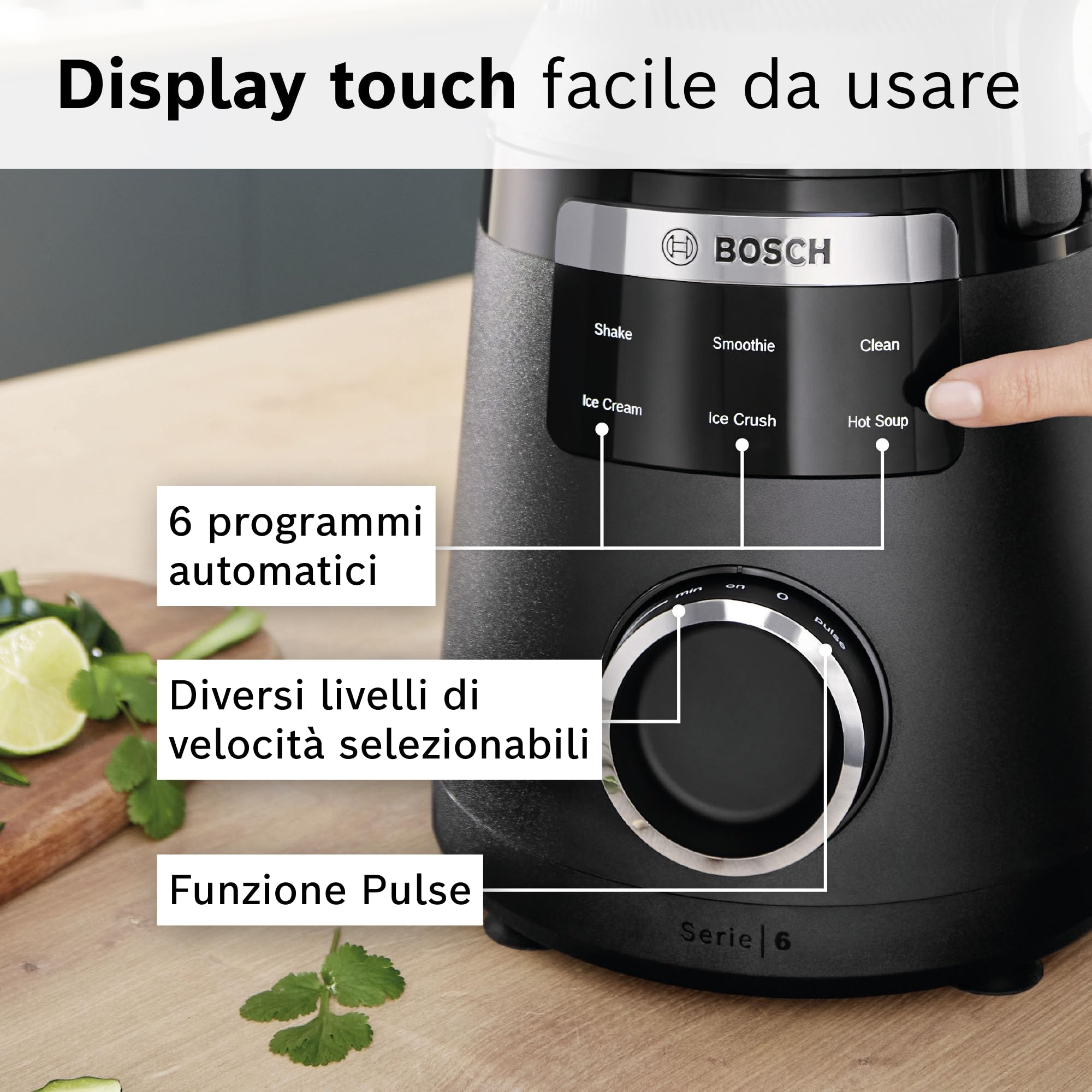 Bosch MMB6652B Frullatore, 1800 W, 6 Lame in Acciaio Inox, Caraffa 3L, Nero | Frullatore VitaPower Serie 6, Potente, 45.000 giri al min, 6 Programmi Automatici, Pulizia Automatica, Made in Europe