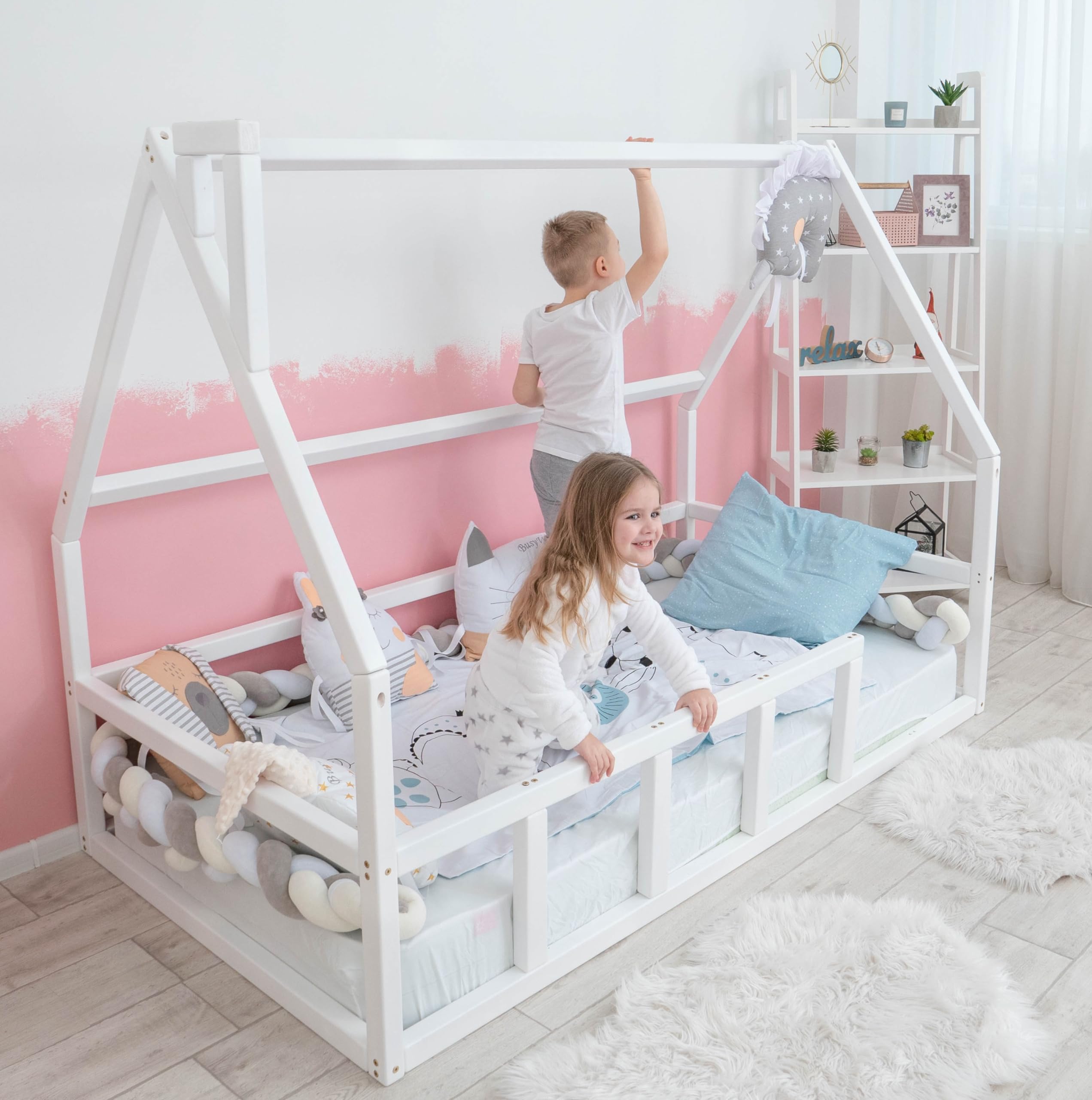 BUSY WOOD Montessori Floor Bed for Toddlers - Loft Bed - Twin Bed for Toddlers - Full Bed Floor - Kids Bed with Railings - Montessori Bed Frame - Montessori Bed - Platform Bed (Model 1)