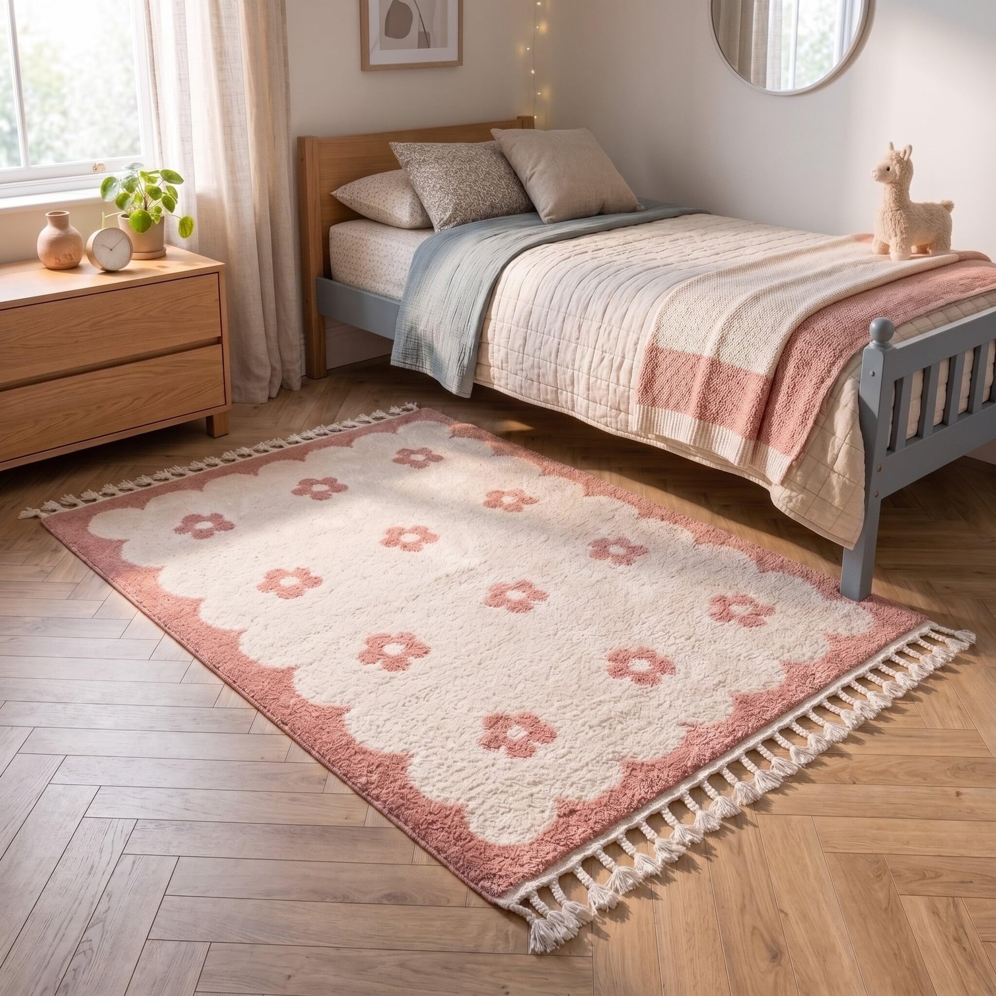 Tapis Lavable pour Enfant - Moos Flower Rose - 120x170 cm - Garçon et Fille - Lavable en Machine - Chambre Bebe - Rectangulaire