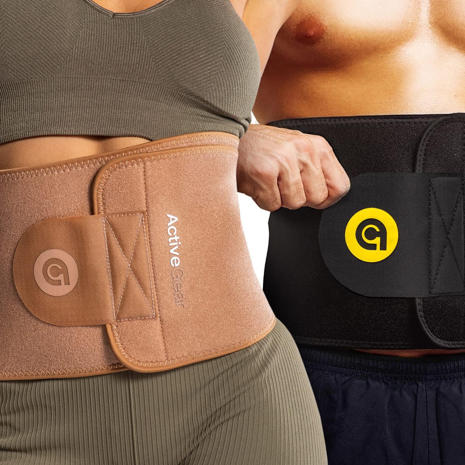 ActiveGear Waist Trimmer Belt Bundle for Men & Women – Sweat Band Waist Trainer Belt for a Toned Look - Reinforced Trim and Double Velcro (Yellow & Cinnamon, Medium: 8” x 42”)