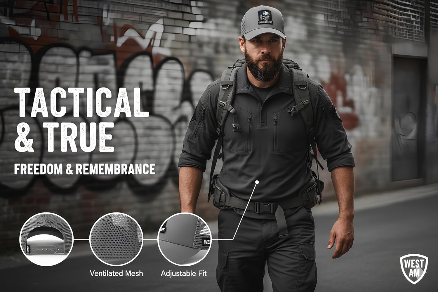 WEST AM Never Forget Trucker Hat - 3D Embroidered Skull Thin Blue Line American Flag Patch - Patriotic Snapback Cap for Men - Police Military Veteran Gift