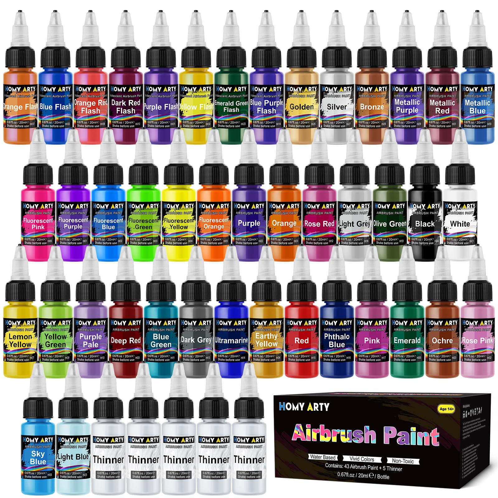 HOMY ARTY Airbrush Paint - 43 Colors with 5 Thinner, Ready to Spray Airbrush Paint Set, Water-Based Acrylic Air brush Paints for Metal, Plastic Models, Canvas, Wood - 48 Bottles