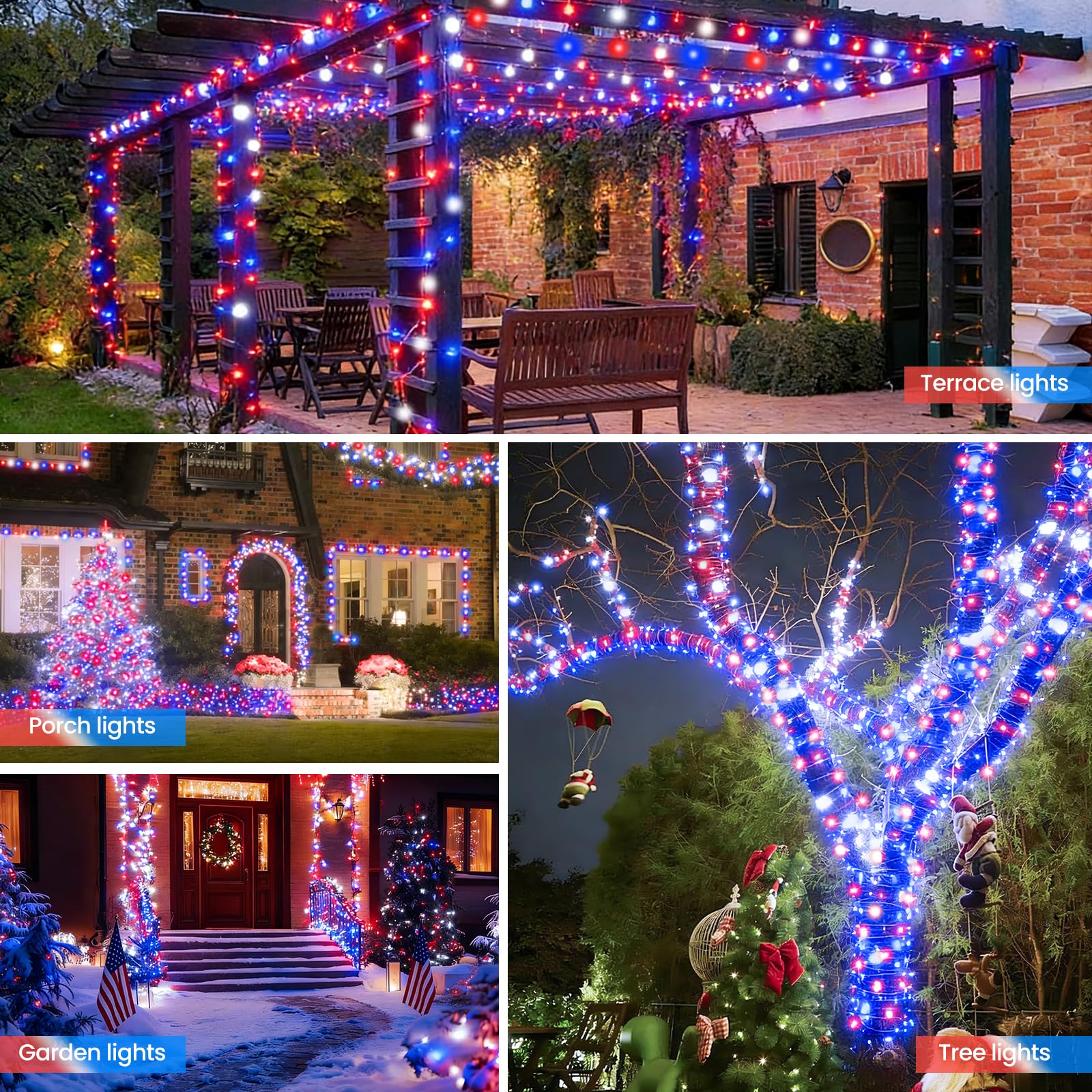 Stringa di luci solari rosse, bianche e blu, impermeabili, per il 4 luglio, decorazioni e decorazioni per il giorno della commemorazione, totale 100 LED da 100 m, per recinzioni da giardino, cortile