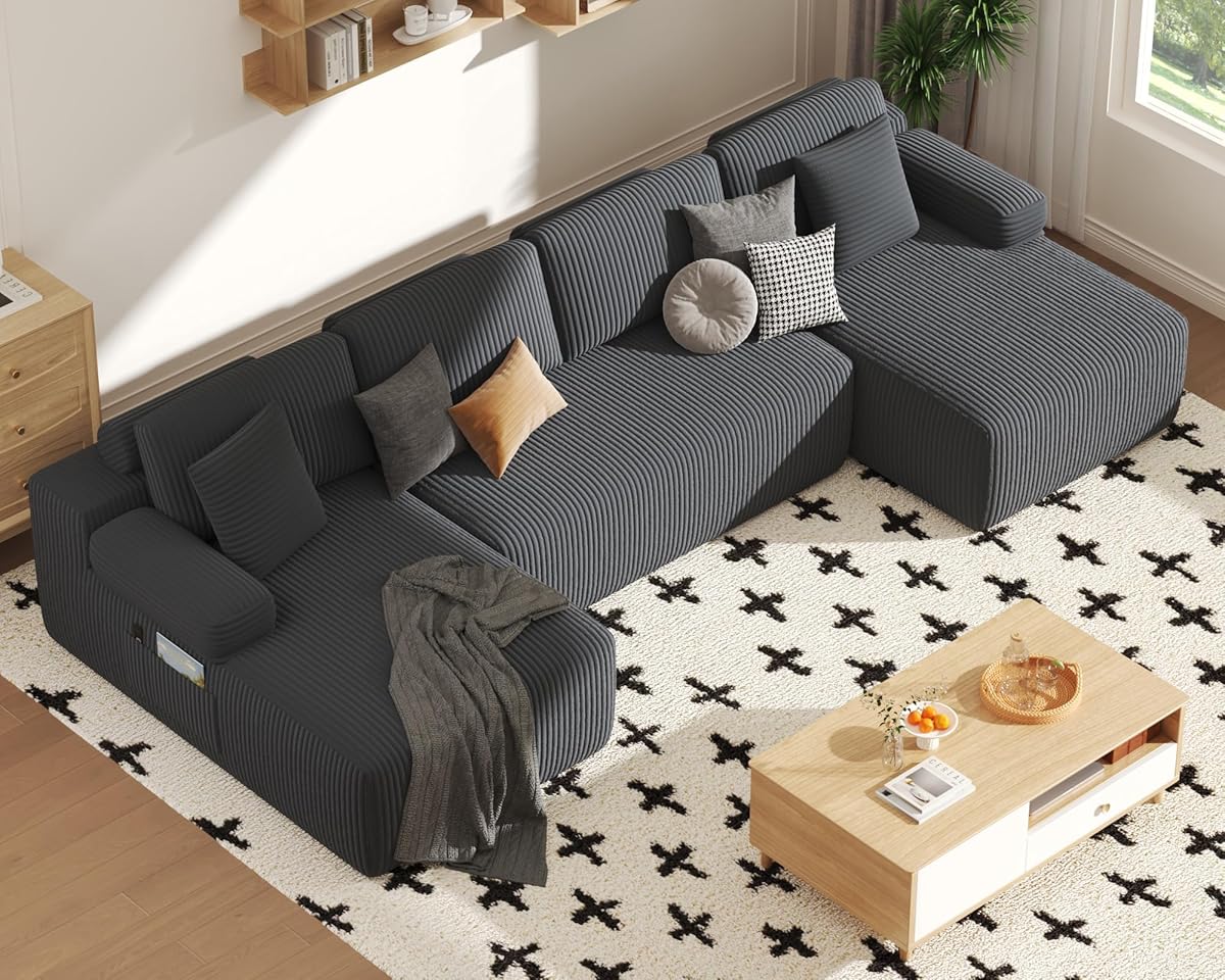 DURASPACE Cloud Modular Sectional Couches for Living Room, 126'' Corduroy U Shaped Sectional Sofa with Deep Seat, Oversized Minimalist Memory Foam Floor Couch, No Assembly Required (Gray)