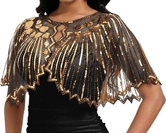 Womens 1920s Sequin Shawl Wraps Fringe Capelet Shawls Gatsby Accessories for Harlem Night