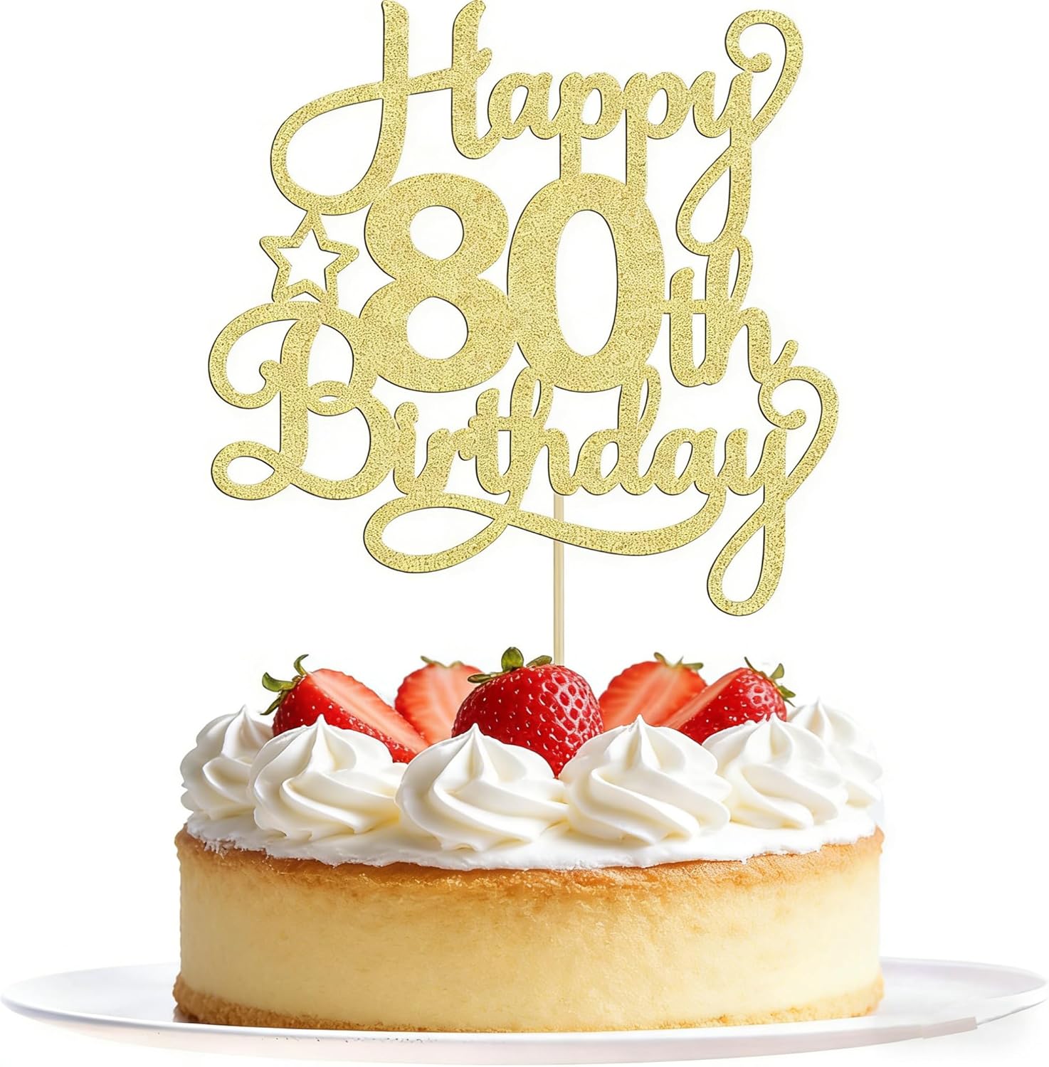 "80th Birthday Cake Topper Gold - Elegant Happy 80th Cake Decorations with Food Safe Material & Easy Install Stick - Non-Edible Cake Topper for Women Men"