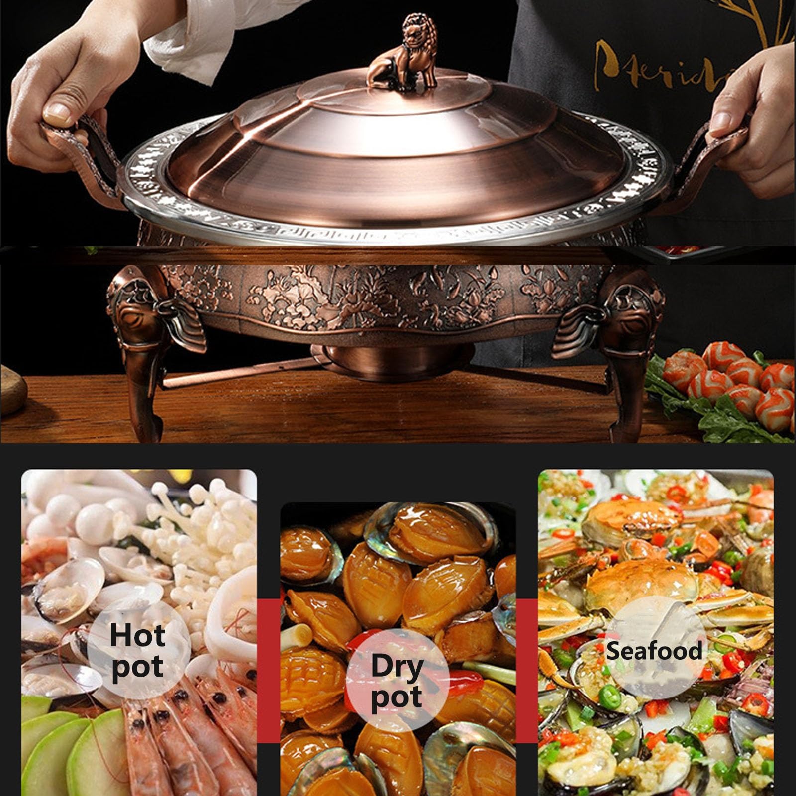 Chafing dish in acciaio inox, piatto gourmet, scaldavivande rotondo con coperchio, contenitore riscaldante, scaldazuppe, set professionale for pranzi condivisi, feste, matrimoni, cene, hotel, buffet(B