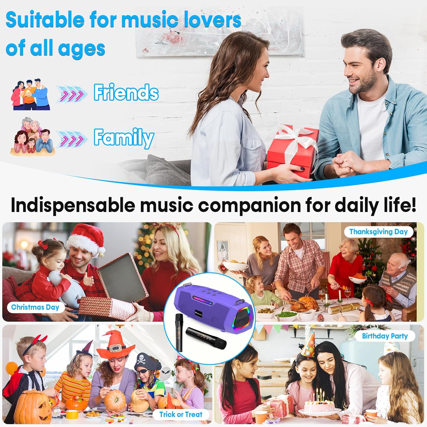 Karaoke Machine with Two Wireless Microphones - Portable 60W Powerful Bluetooth Speaker, Long Battery Life for Outdoor & Family Party, PA System for Fashion Women, Girls, Teenagers - Purple
