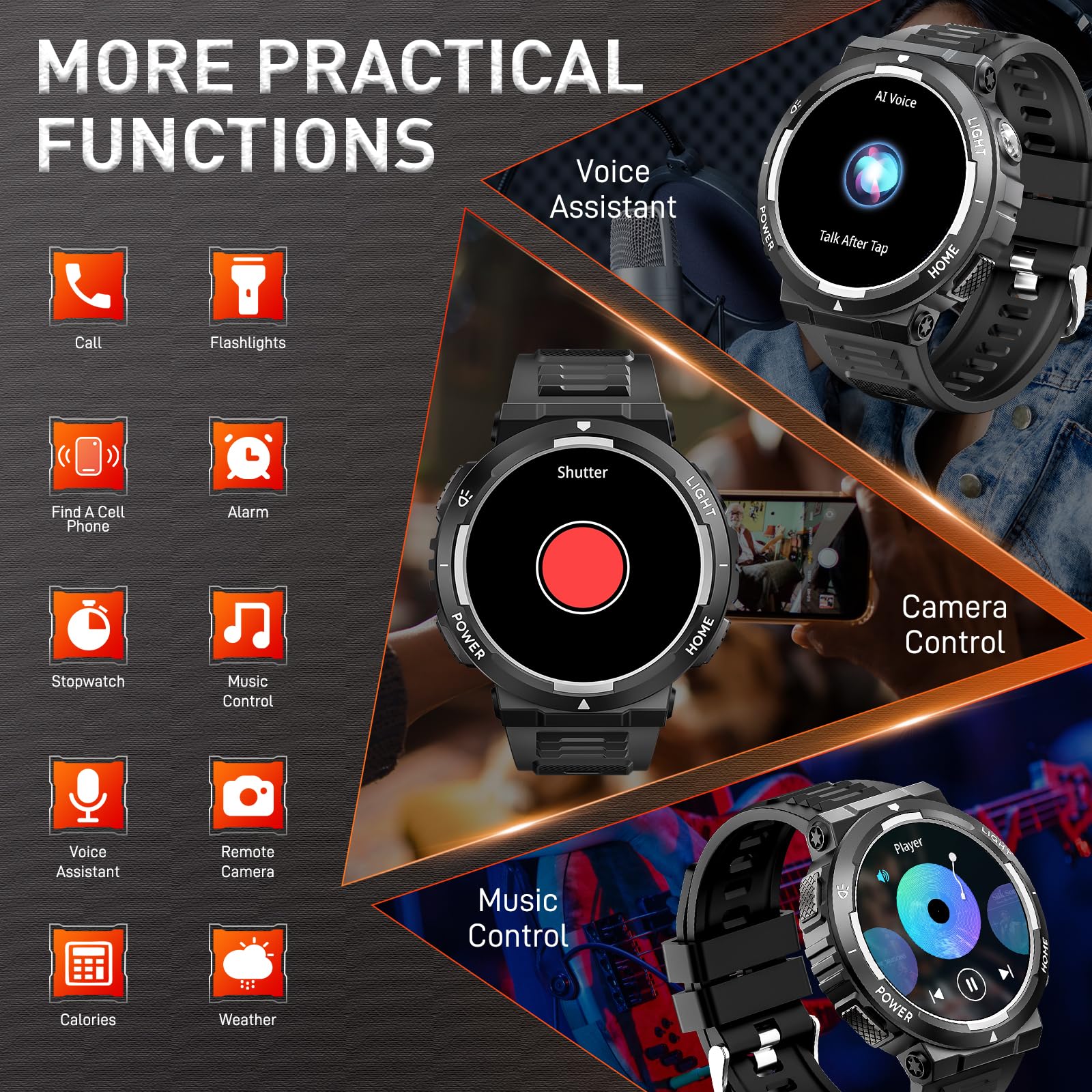 Montre intelligente militaire pour homme (répondre/passer des appels) avec lampe de poche LED étanche 3 ATM avec plus de 100 modes de sport Tracker d'activité 3,9 cm avec moniteur de fréquence